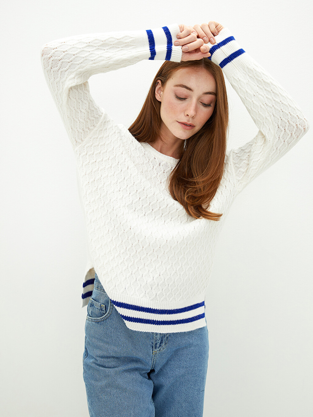 Crew Neck Self Patterned Long Sleeve Women's Knitwear Sweater-1
