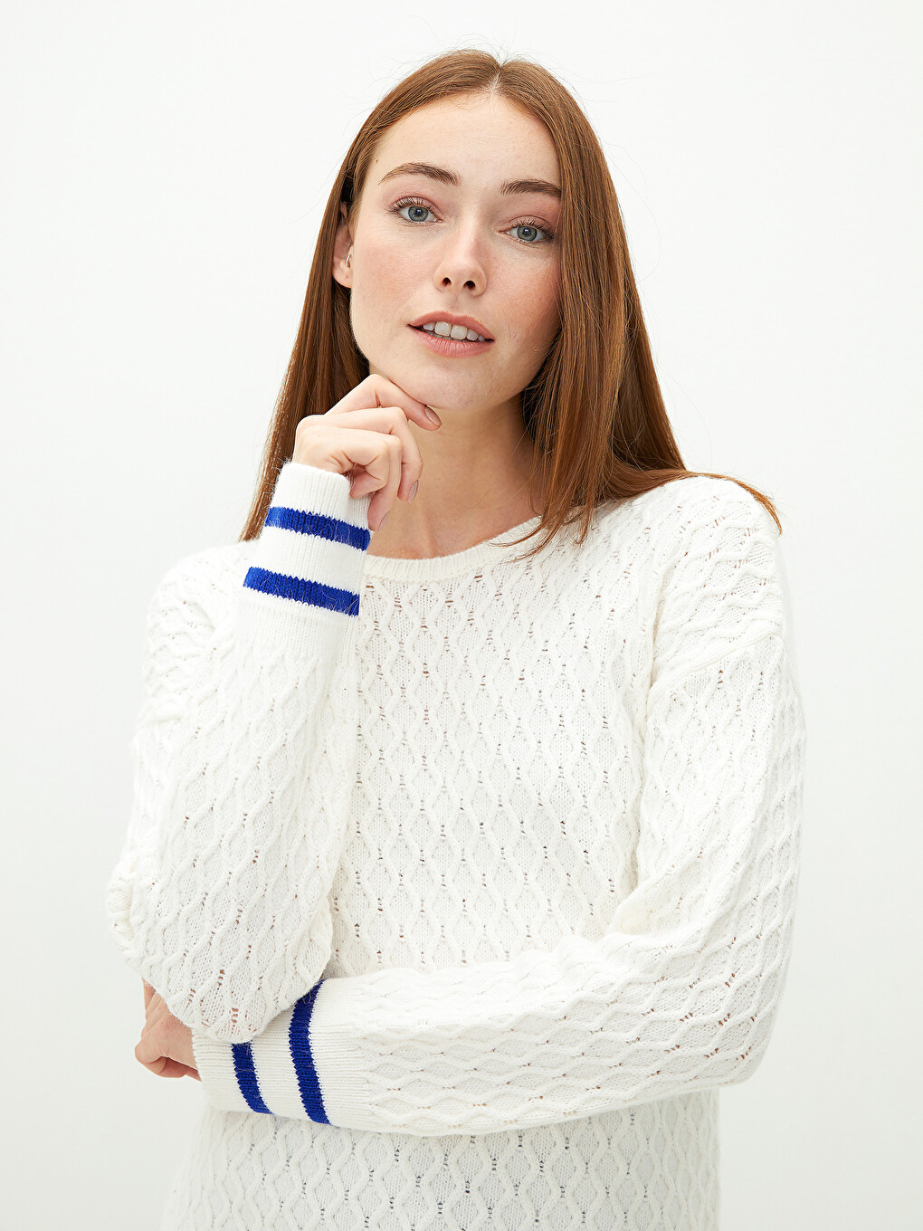 Crew Neck Self Patterned Long Sleeve Women's Knitwear Sweater-2