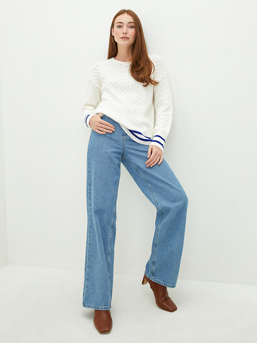 Crew Neck Self Patterned Long Sleeve Women's Knitwear Sweater-3