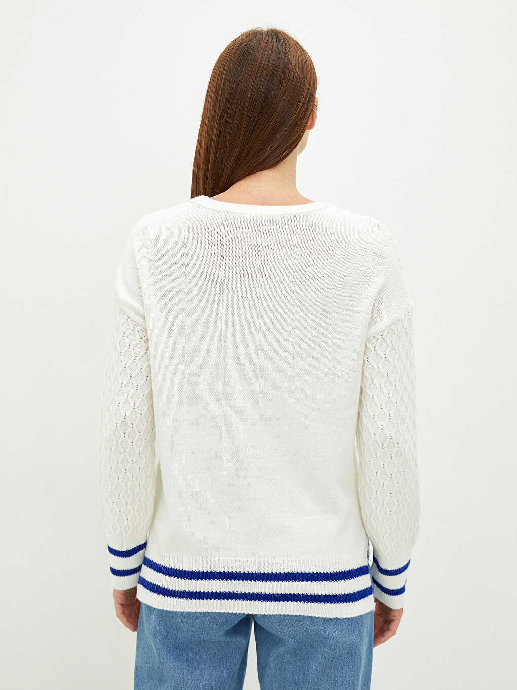Crew Neck Self Patterned Long Sleeve Women's Knitwear Sweater-4