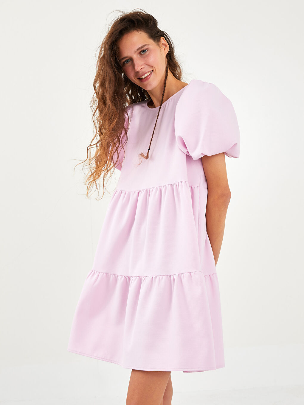 Pembe Bisiklet Yaka Düz Balon Kollu Kadın Elbise