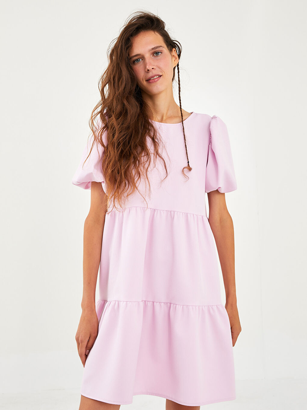 Pembe Bisiklet Yaka Düz Balon Kollu Kadın Elbise-1