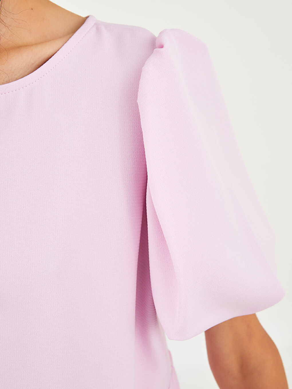 Pembe Bisiklet Yaka Düz Balon Kollu Kadın Elbise-3