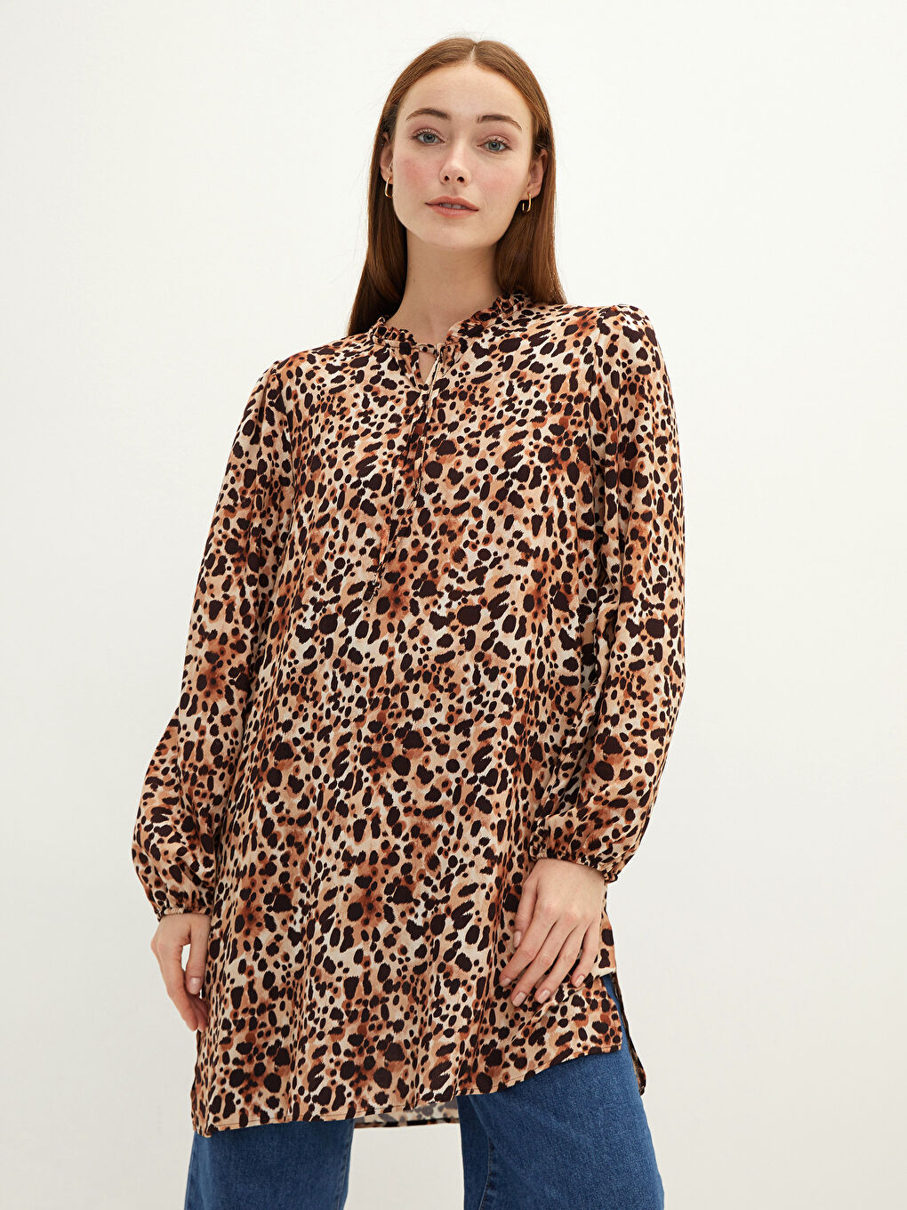 Ekru Bağlamalı Yaka Desenli Uzun Kollu Viskon Kadın Tunik