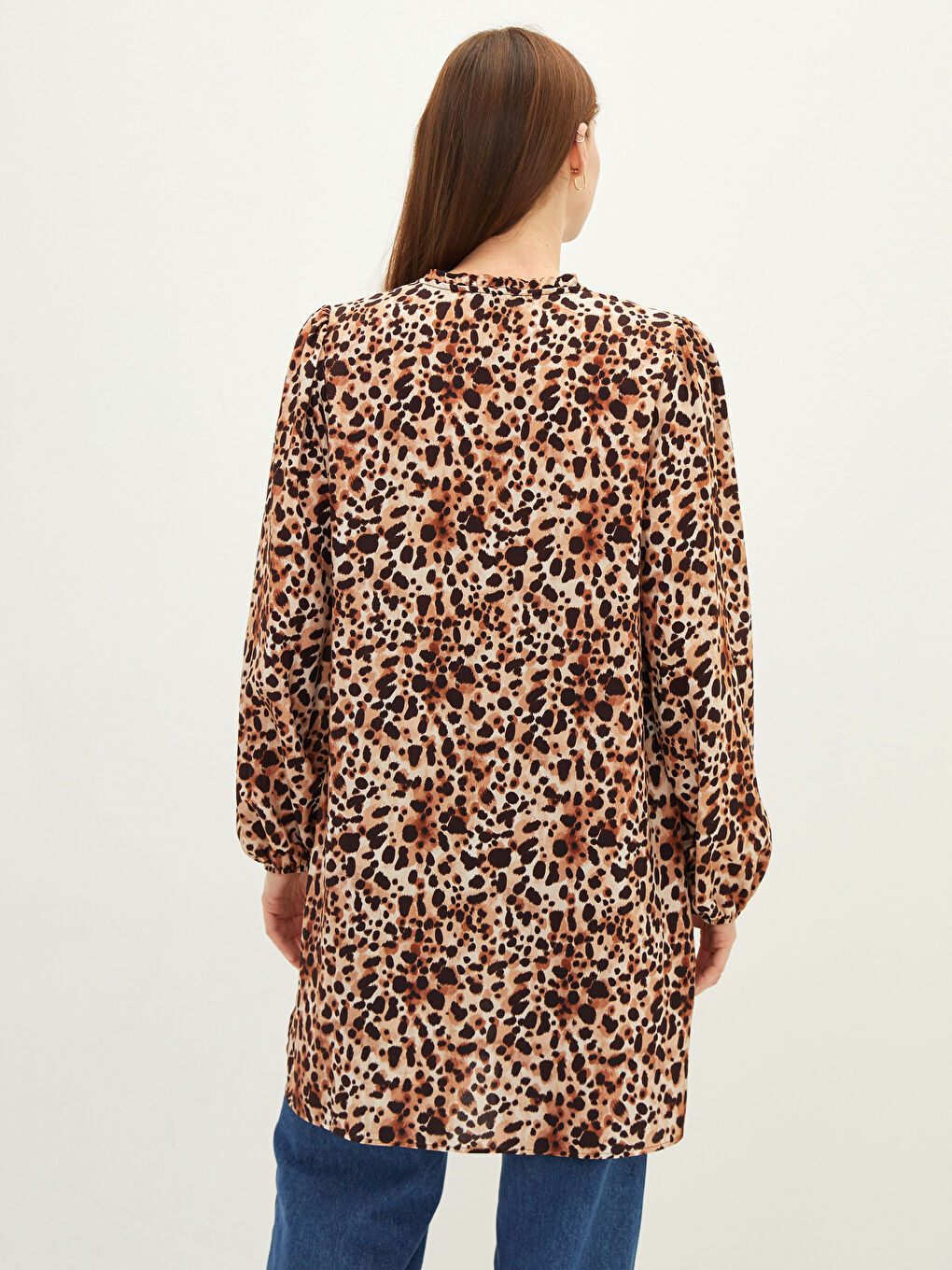 Ekru Bağlamalı Yaka Desenli Uzun Kollu Viskon Kadın Tunik-4