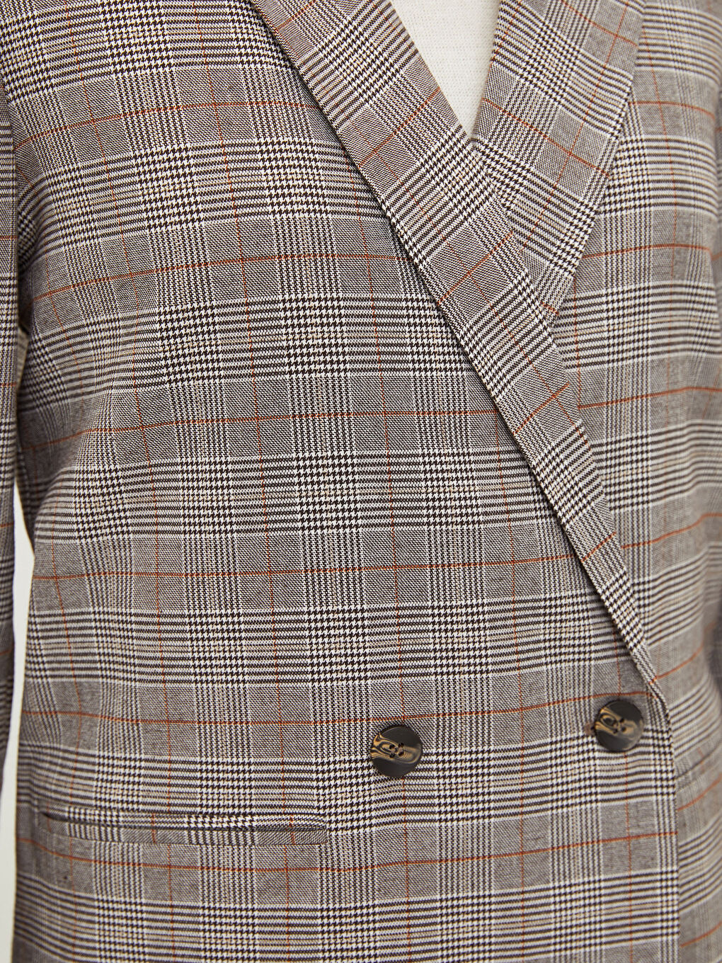 Kahverengi Önden Düğme Kapamalı Ekose Uzun Kollu Kadın Ceket-2