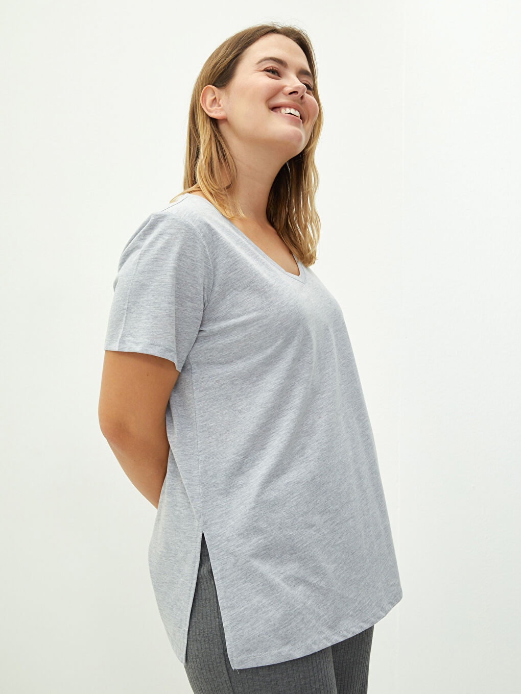 Tricou Damă Mărime Plus, Decolteu în V, Drept, Mânecă Scurtă