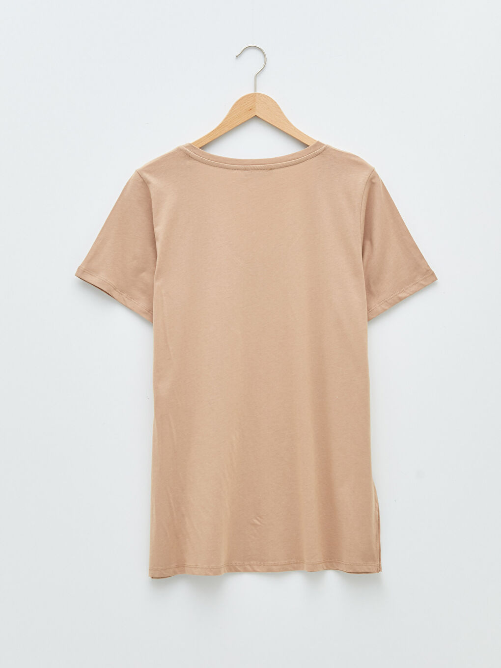 Bej Büyük Beden V Yaka Düz Kısa Kollu Kadın Tişört-6