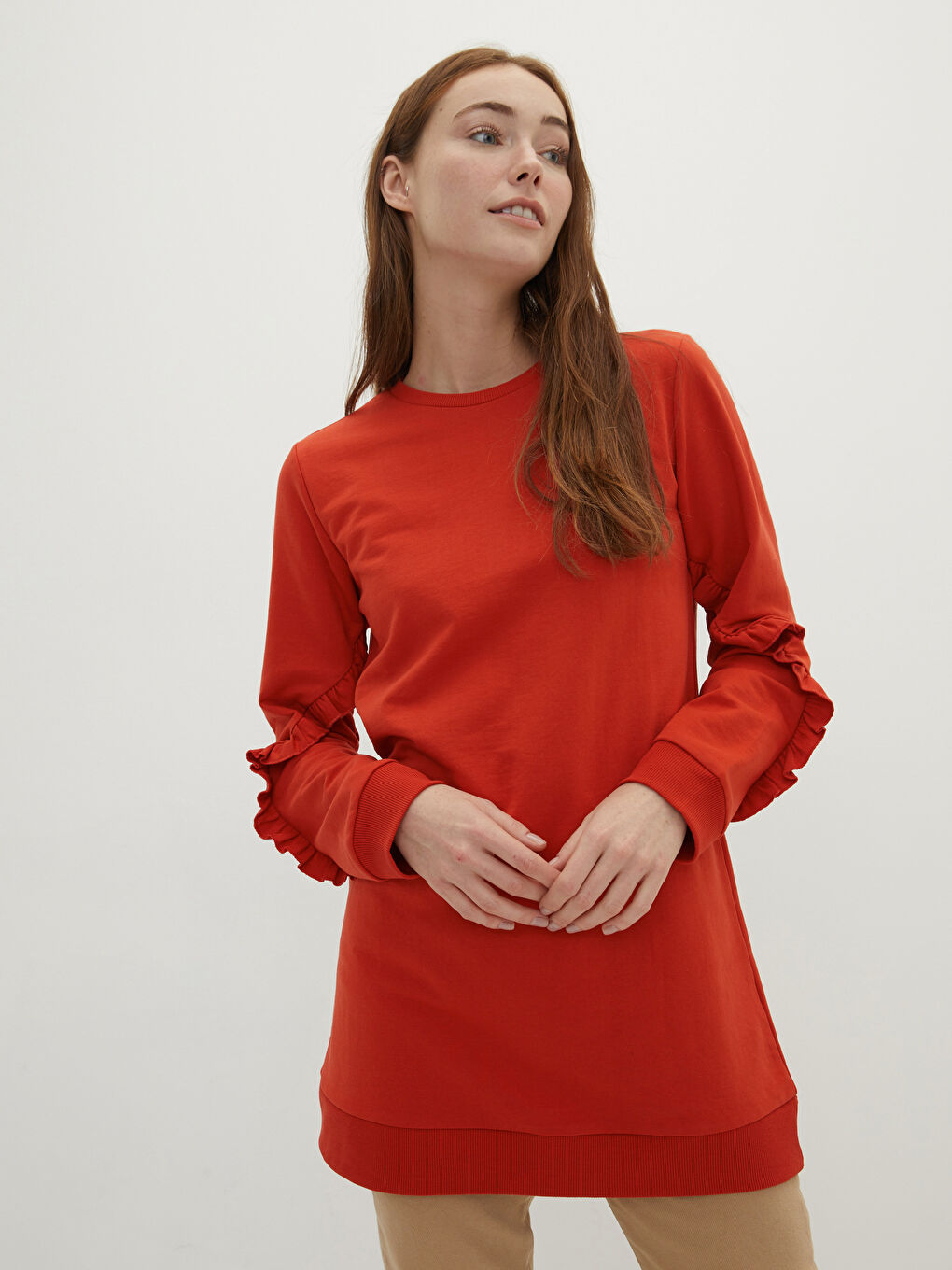 Crew Neck Plain Long Sleeve Women's Sweatshirt Tunic