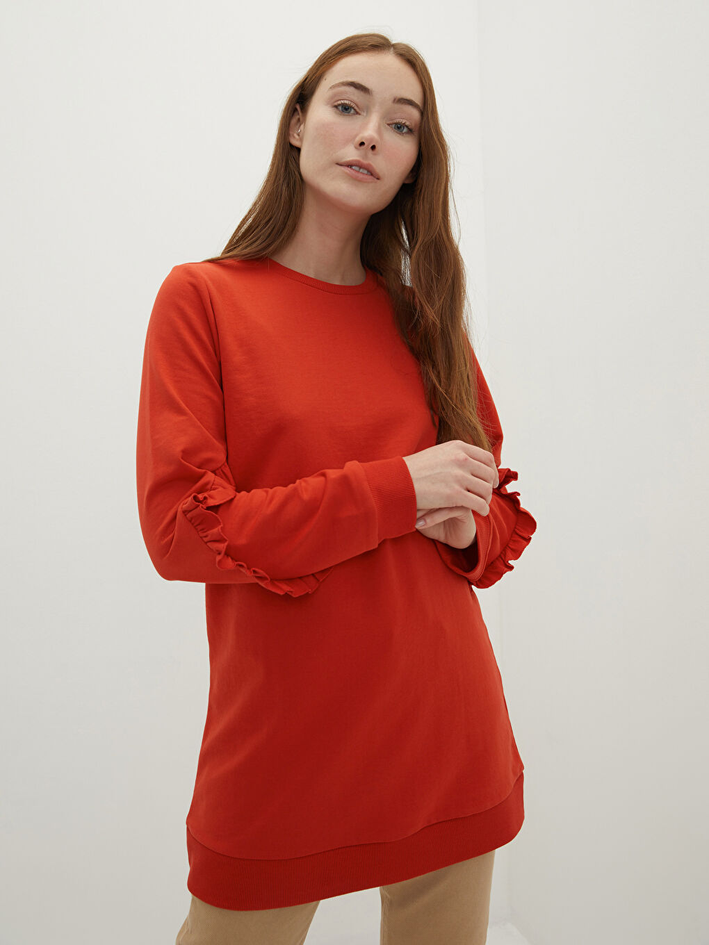 Crew Neck Plain Long Sleeve Women's Sweatshirt Tunic-1