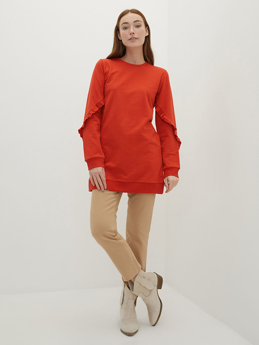 Crew Neck Plain Long Sleeve Women's Sweatshirt Tunic-2