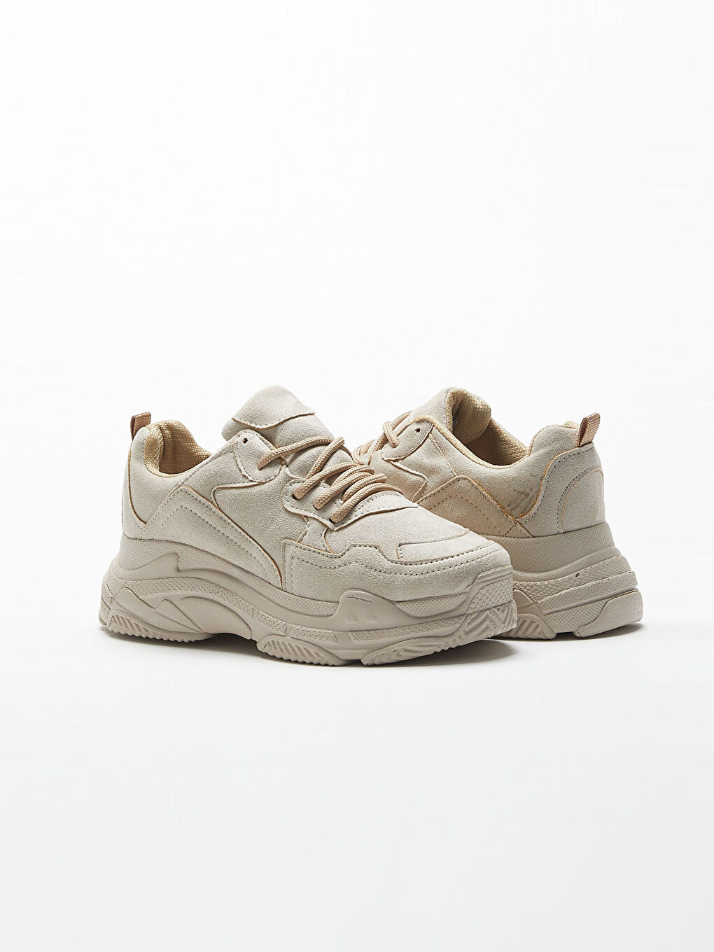 Bej Kalın Tabanlı Bağcıklı Kadın Aktif Spor Ayakkabı-3