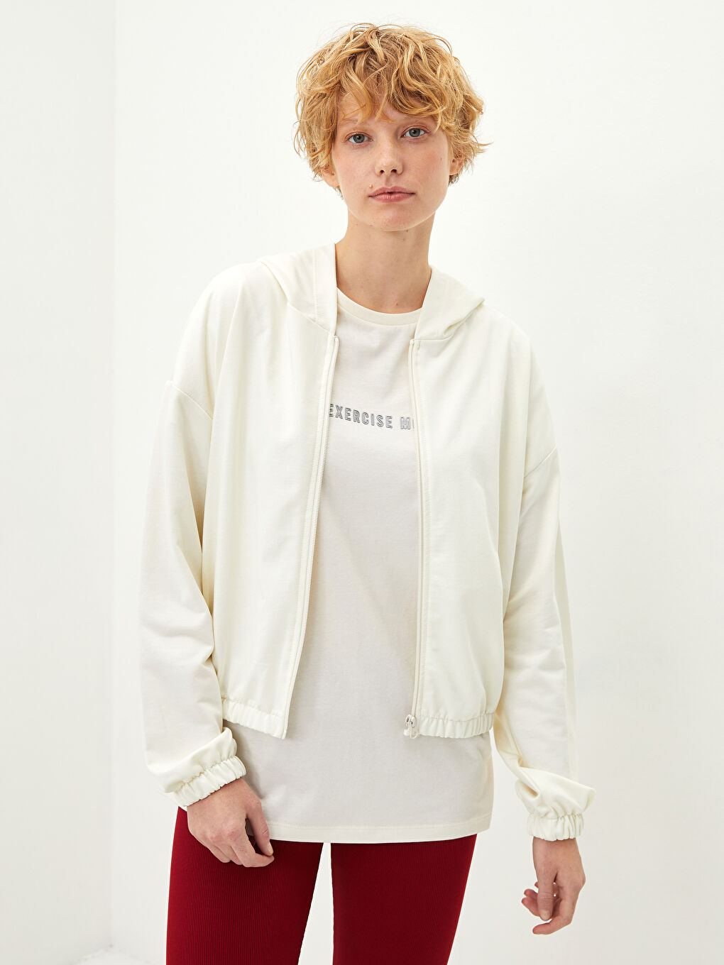 Ekru Kapüşonlu Düz Uzun Kollu Kadın Spor Hırka-1