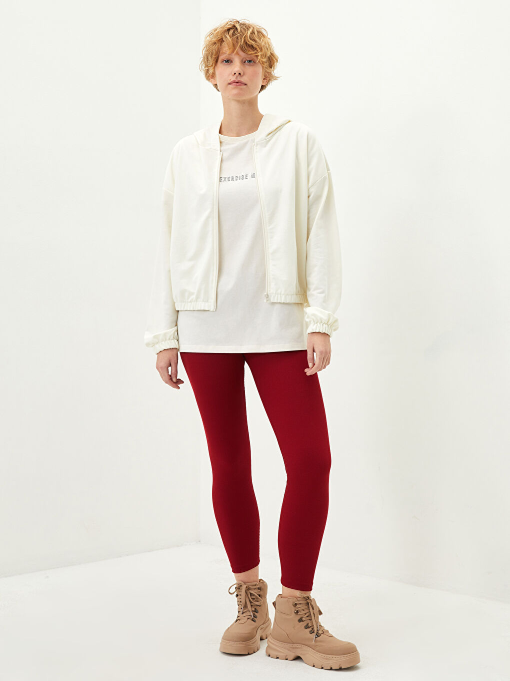 Ekru Kapüşonlu Düz Uzun Kollu Kadın Spor Hırka-2