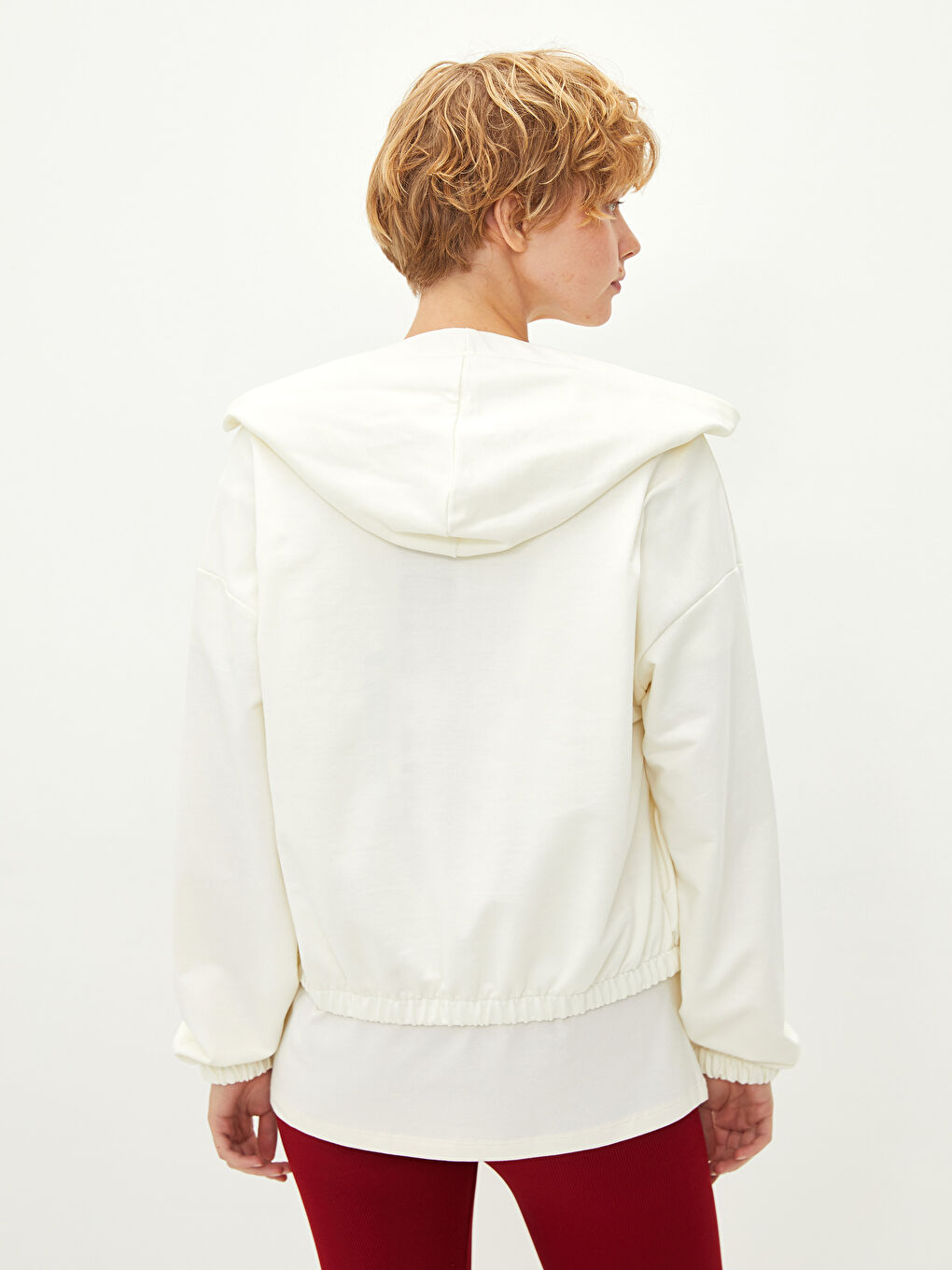 Ekru Kapüşonlu Düz Uzun Kollu Kadın Spor Hırka-3