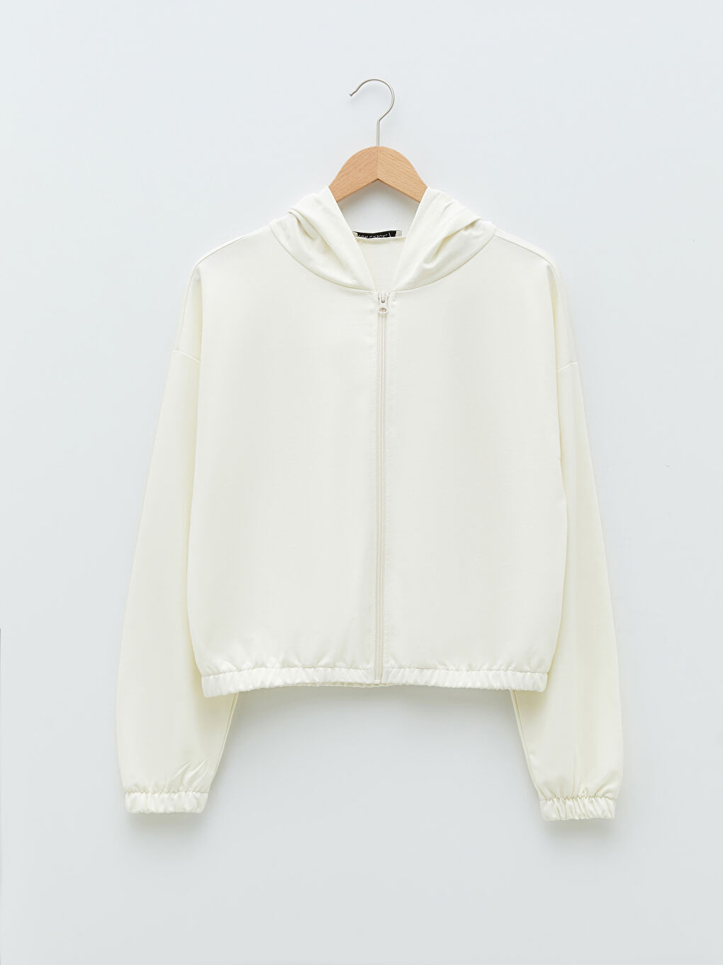 Ekru Kapüşonlu Düz Uzun Kollu Kadın Spor Hırka-4