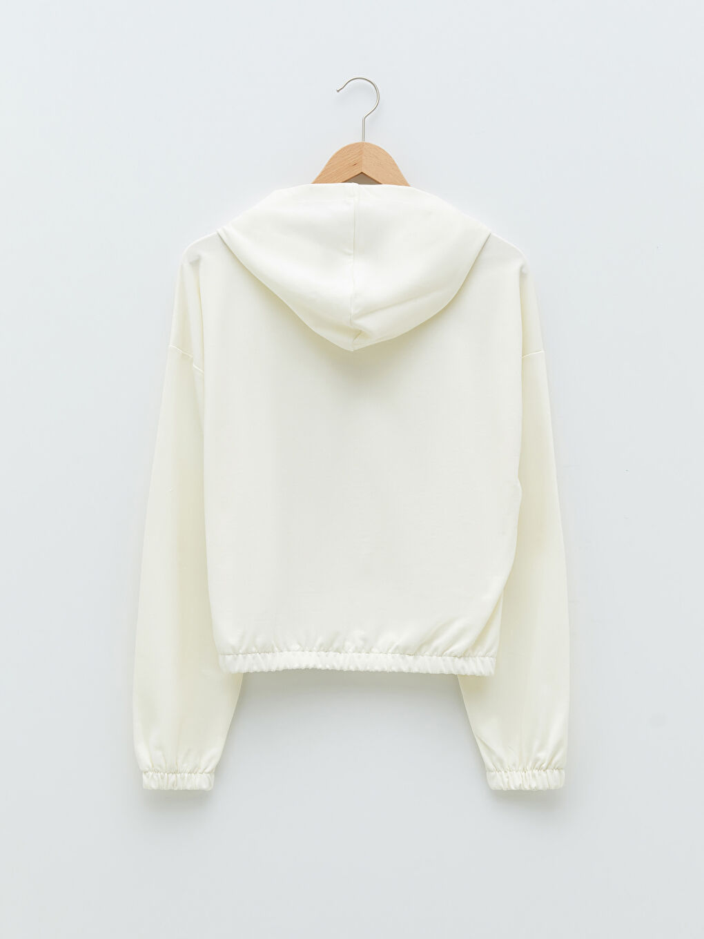 Ekru Kapüşonlu Düz Uzun Kollu Kadın Spor Hırka-5
