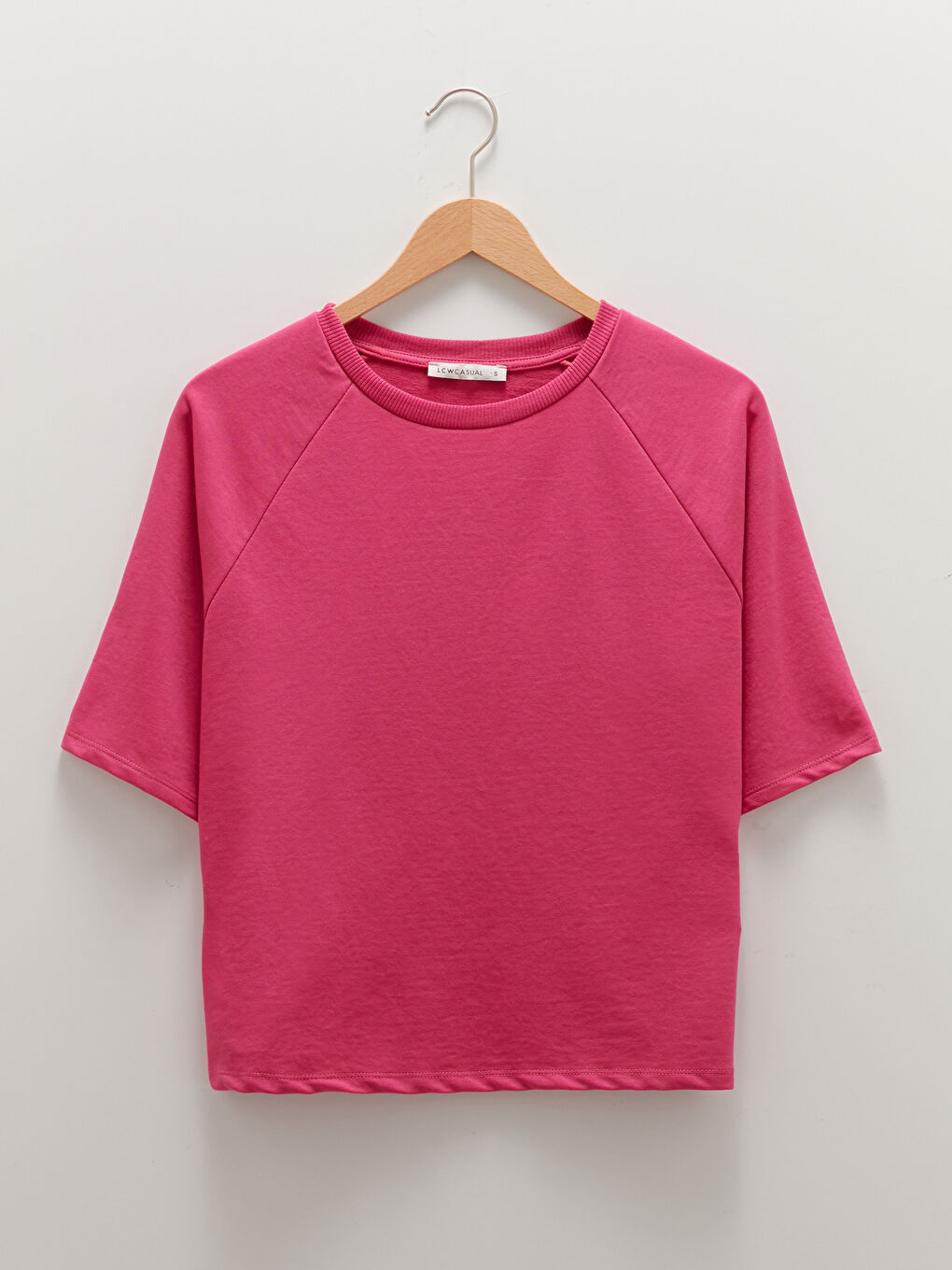 Fuşya Bisiklet Yaka Düz Kısa Kollu Kadın Tişört-5