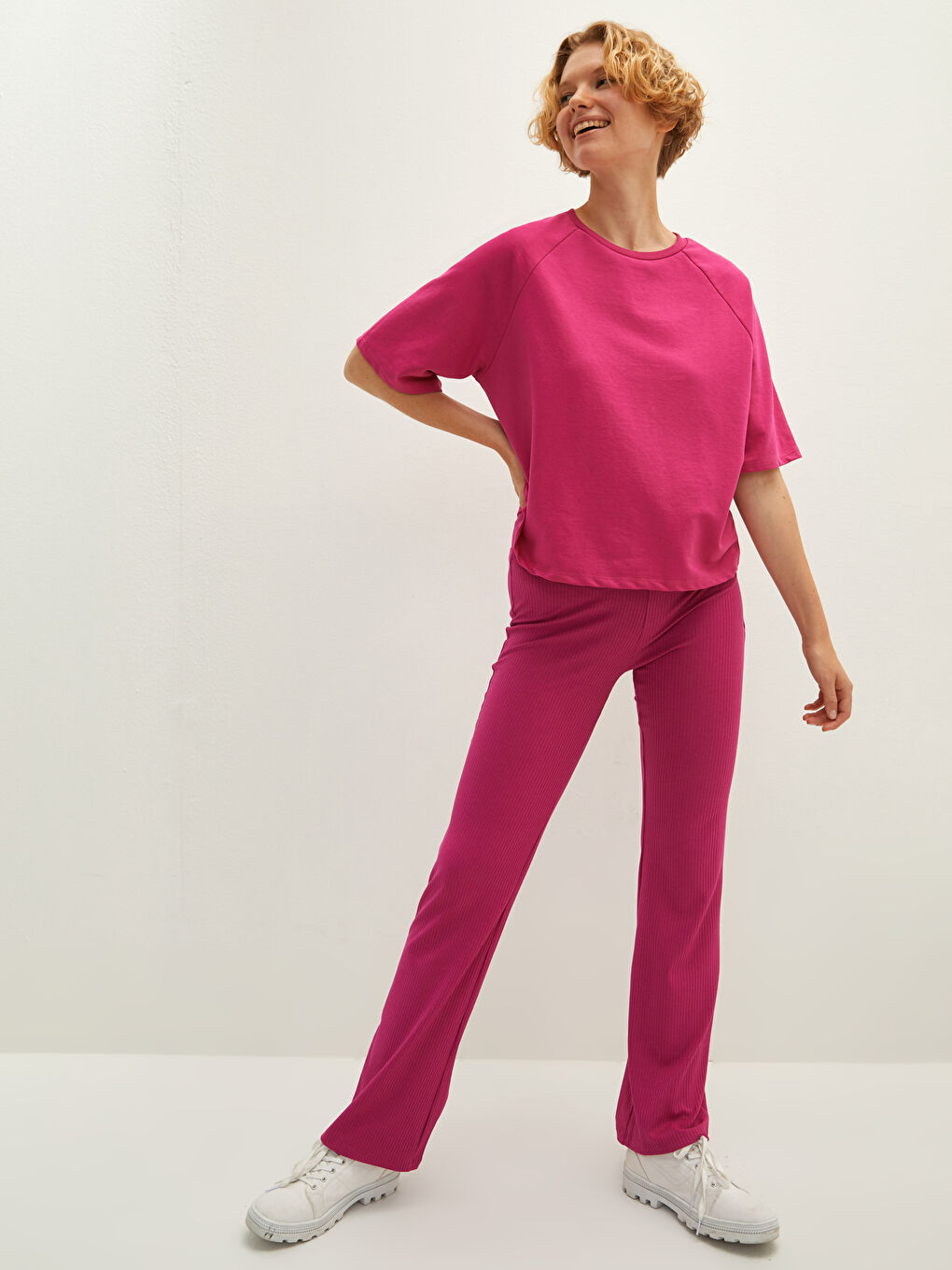 Fuşya Kadın Beli Lastikli Düz Tayt