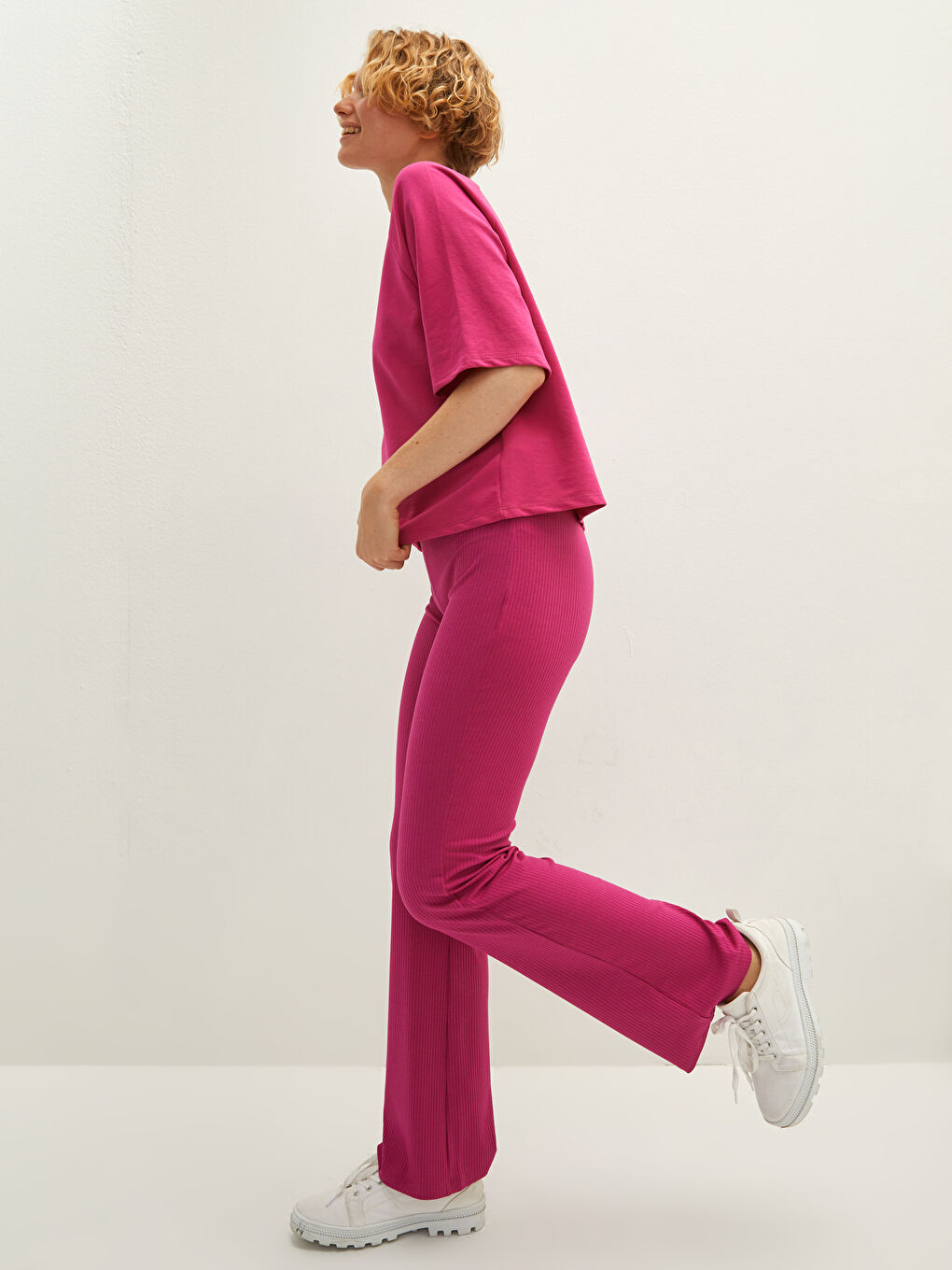 Fuşya Kadın Beli Lastikli Düz Tayt-1