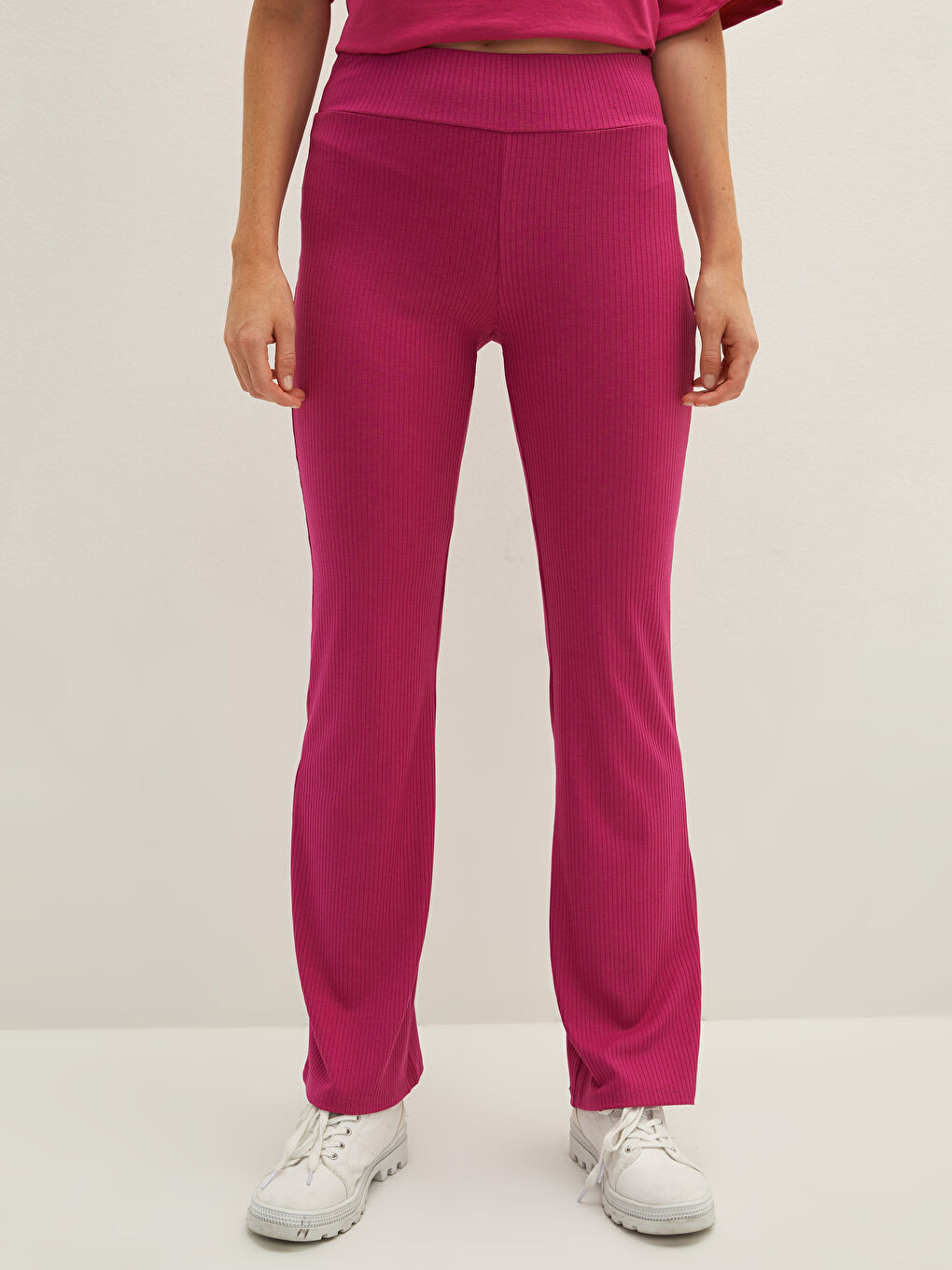 Fuşya Kadın Beli Lastikli Düz Tayt-2