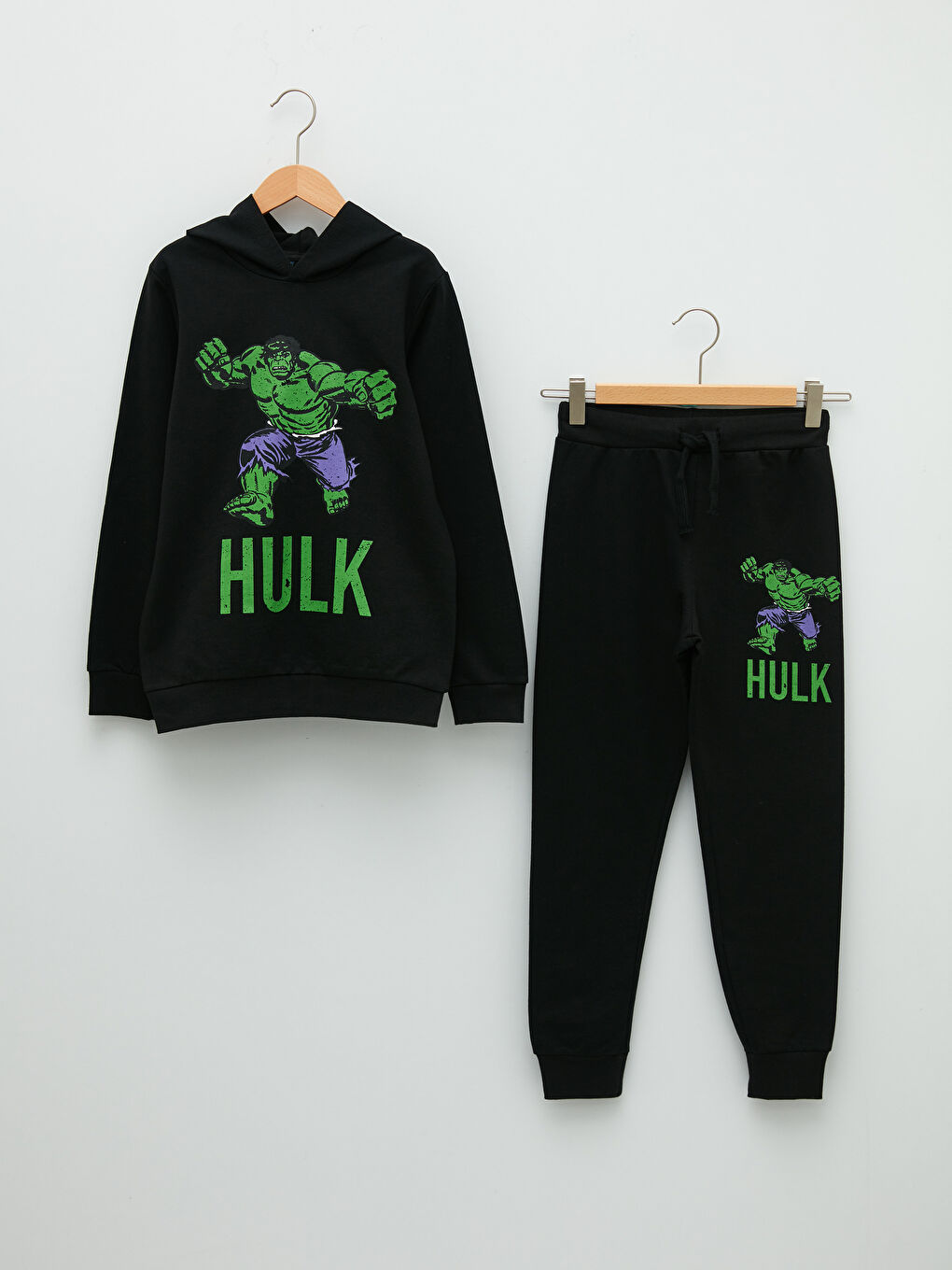 Siyah Kapüşonlu Hulk Baskılı Uzun Kollu Erkek Çocuk Sweatshirt ve Eşofman Altı