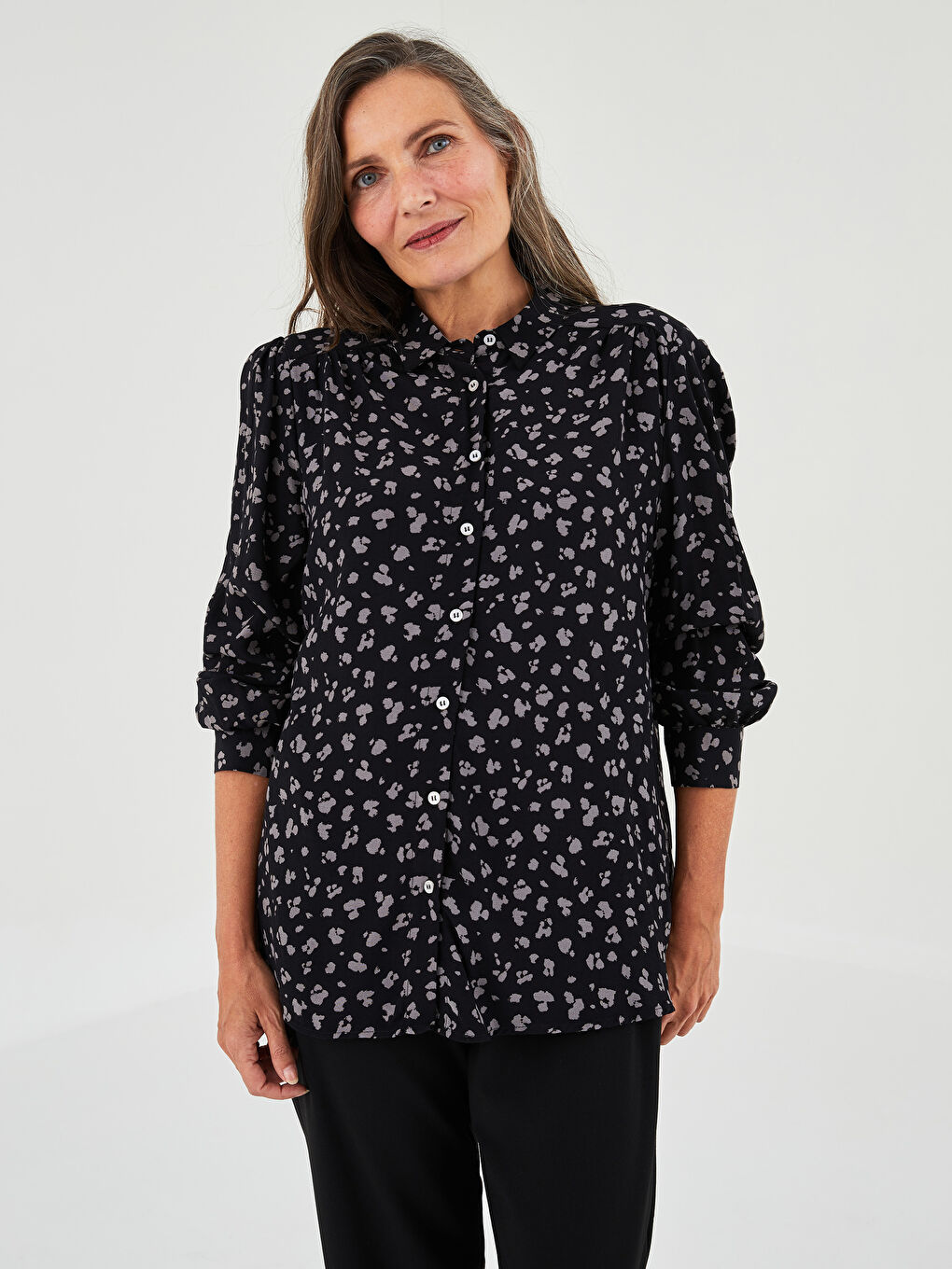 Front Button Closure Patterned Long Sleeve Women's Viscose Shirt
