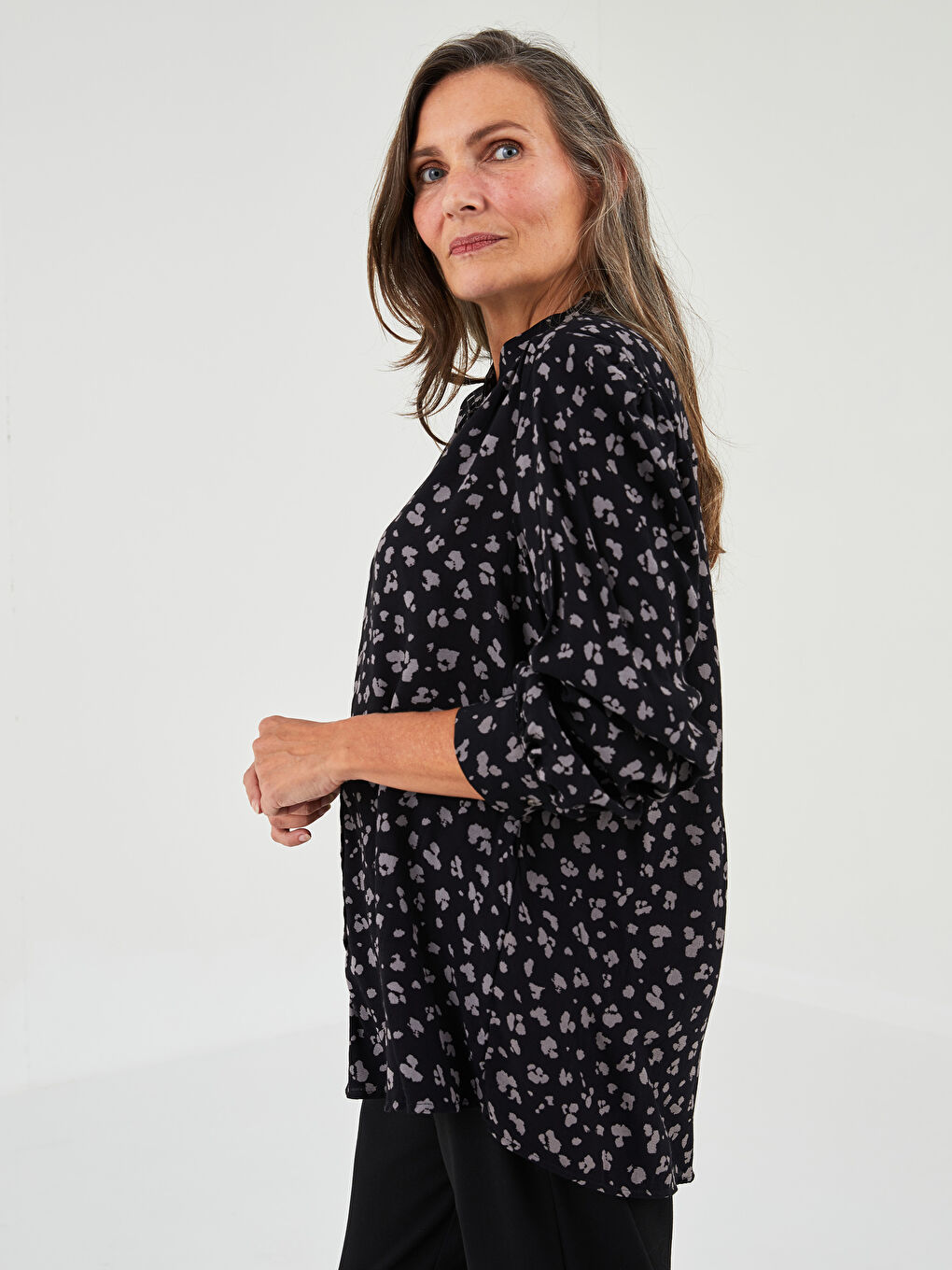 Front Button Closure Patterned Long Sleeve Women's Viscose Shirt-1