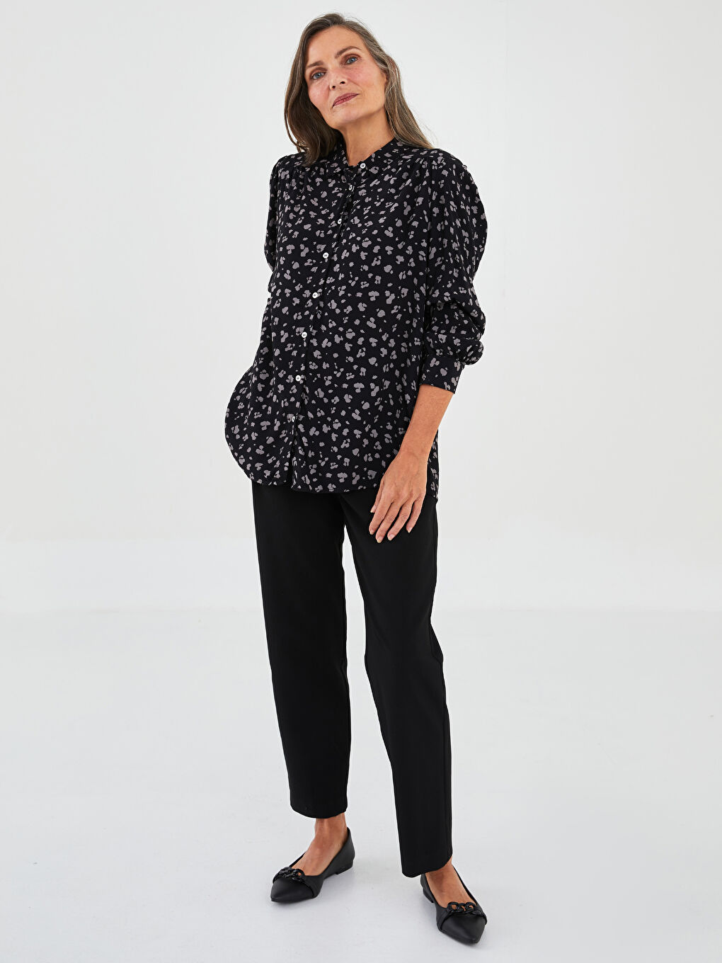 Front Button Closure Patterned Long Sleeve Women's Viscose Shirt-3