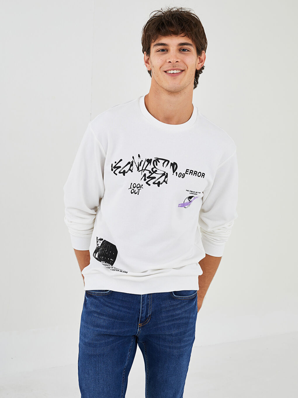 Hanorac imprimat cu mânecă lungă și guler rotund pentru bărbați-1