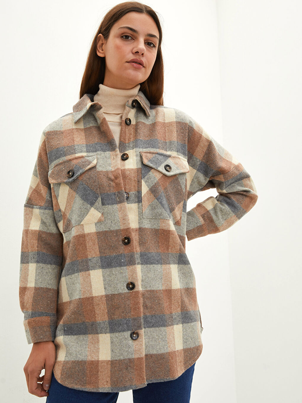 LCW Modest Karo Langarm Oversize Damen Hemd-Tunika -W1I386Z8-LLL