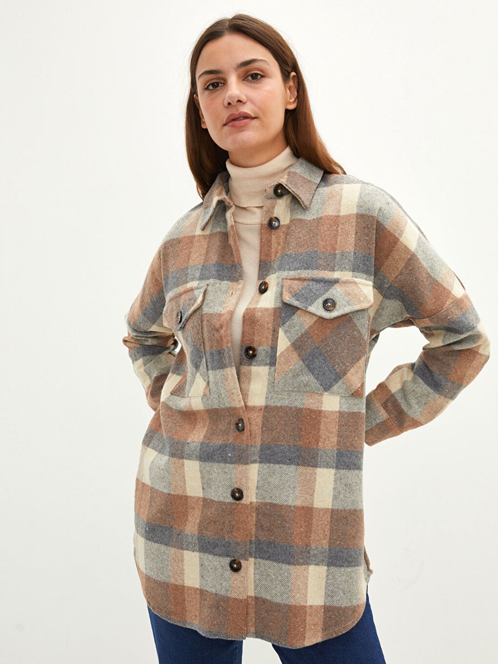 LCW Modest Karo Langarm Oversize Damen Hemd-Tunika -W1I386Z8-LLL