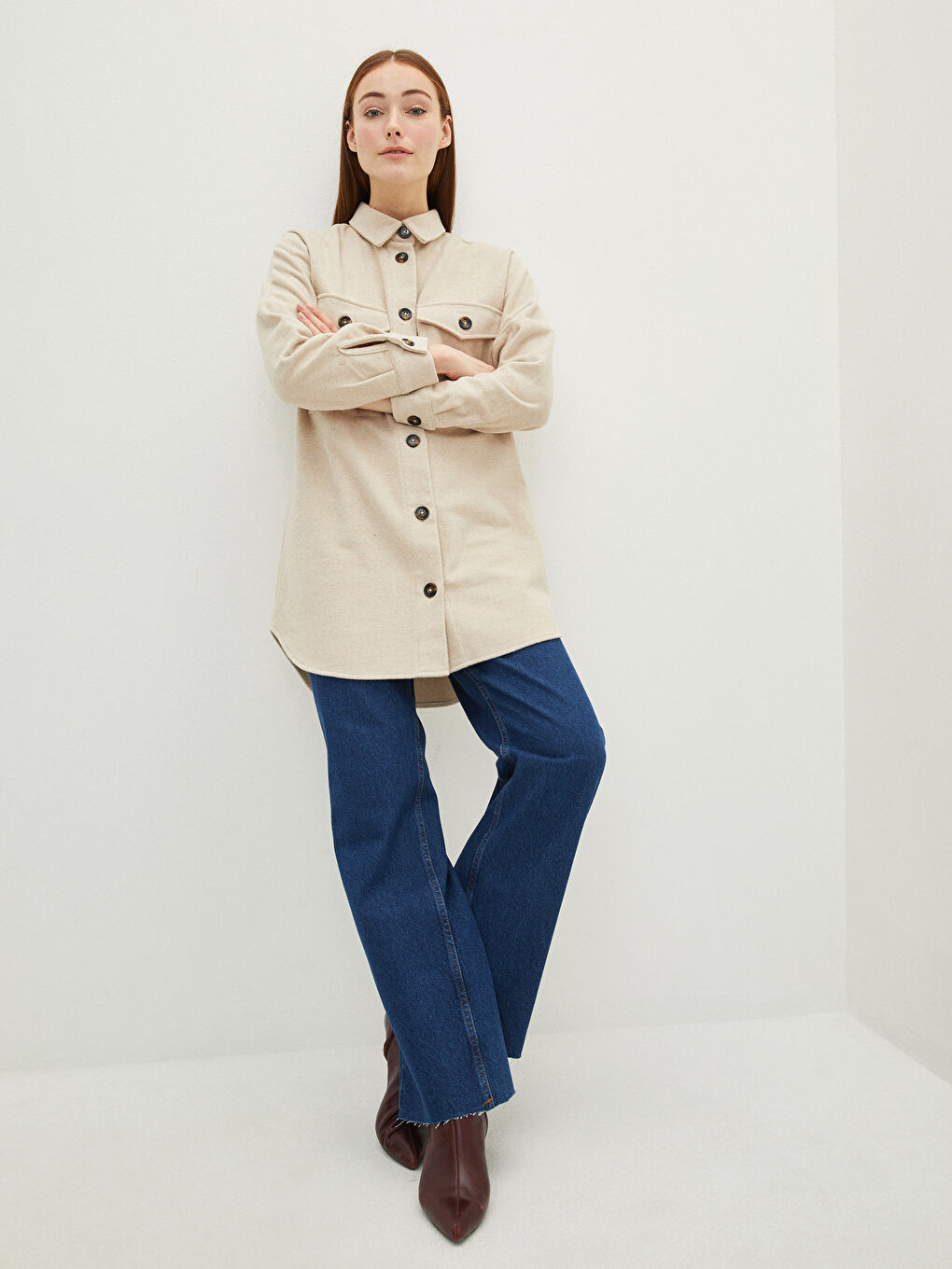 Schlichte Langarm Oversize Damen Hemd-Tunika-3