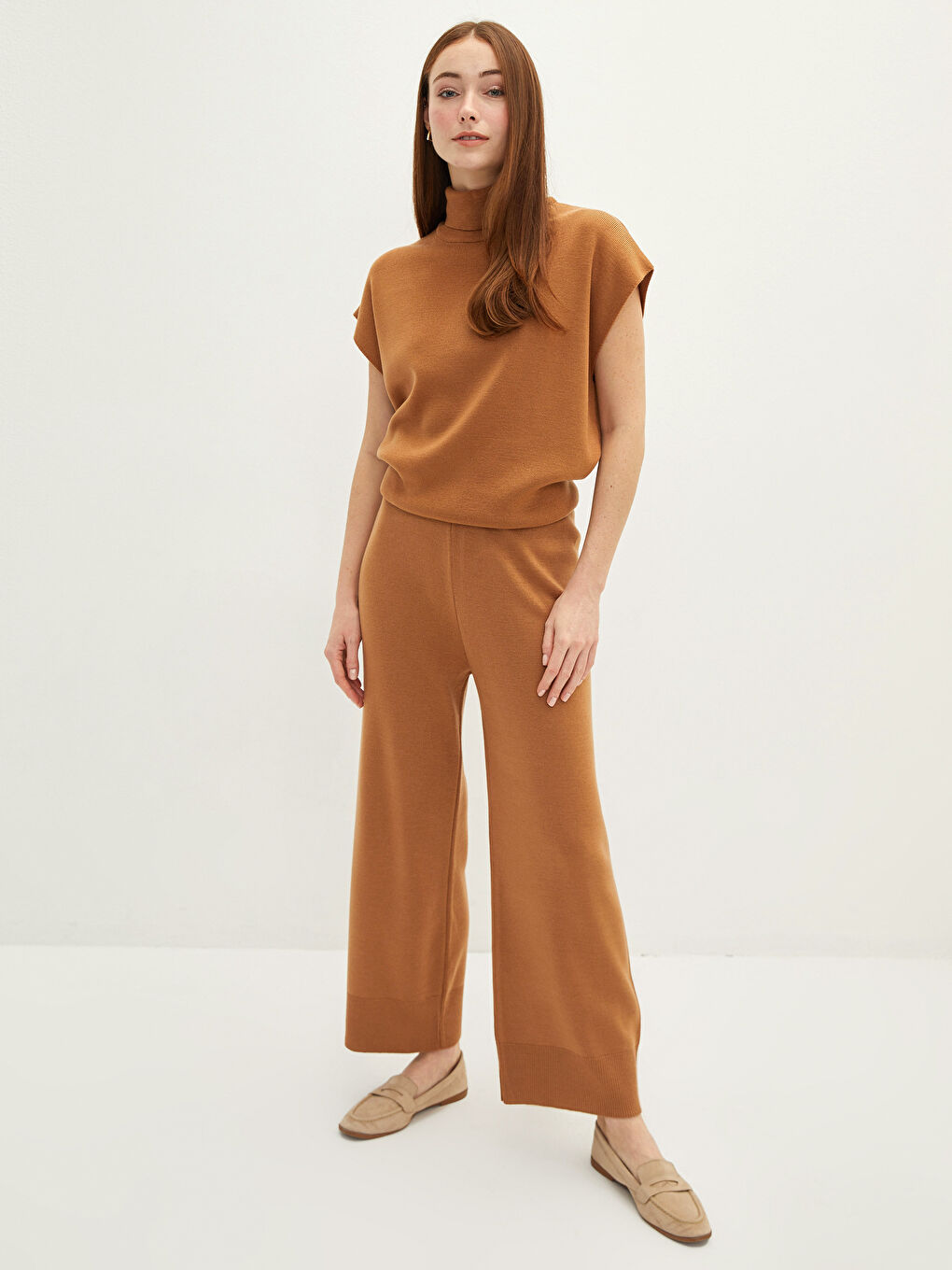 Elastic Waist Narrow Fit Wide Leg Women's Knitwear Pants