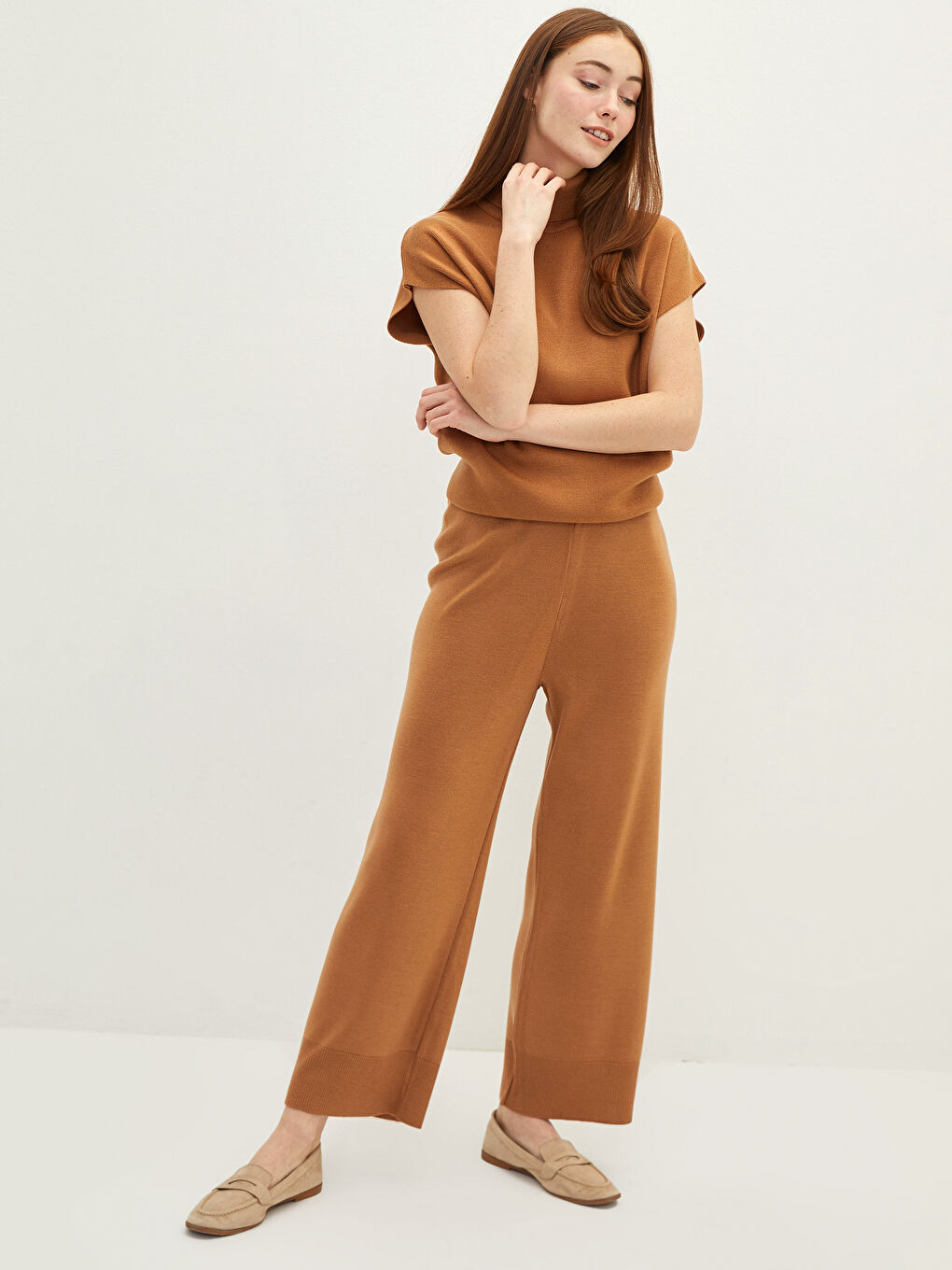 Elastic Waist Narrow Fit Wide Leg Women's Knitwear Pants-1