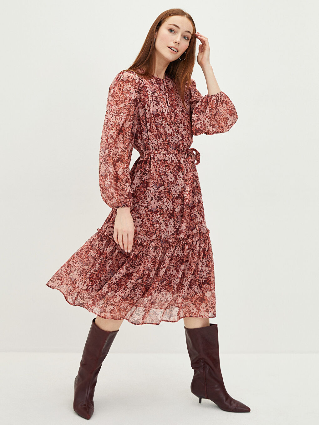 LCWAIKIKI Classic Tie Collar Floral Long Sleeve A-Line Chiffon Women's Dress -W1I442Z8-LTQ