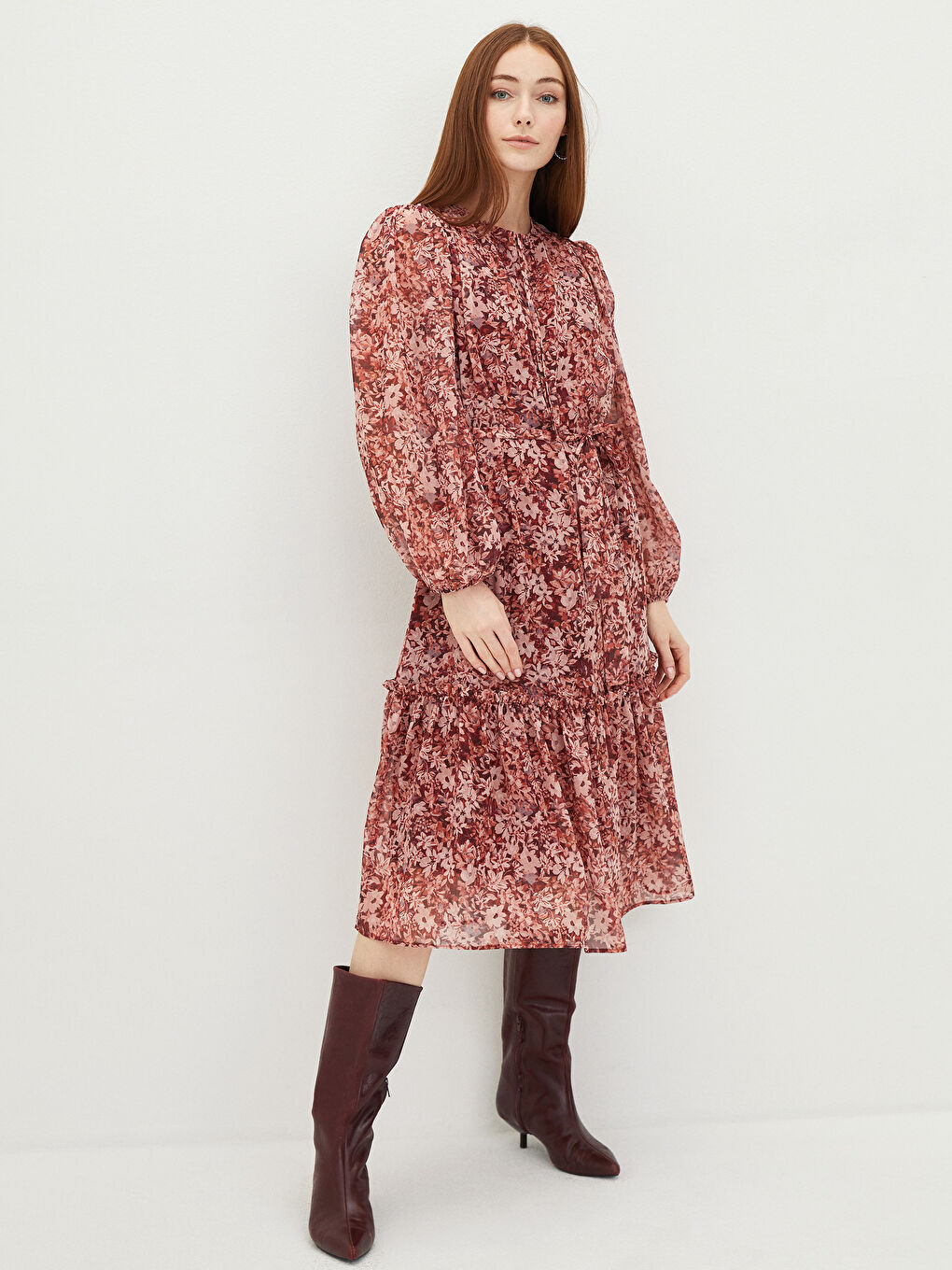 LCWAIKIKI Classic Tie Collar Floral Long Sleeve A-Line Chiffon Women's Dress -W1I442Z8-LTQ