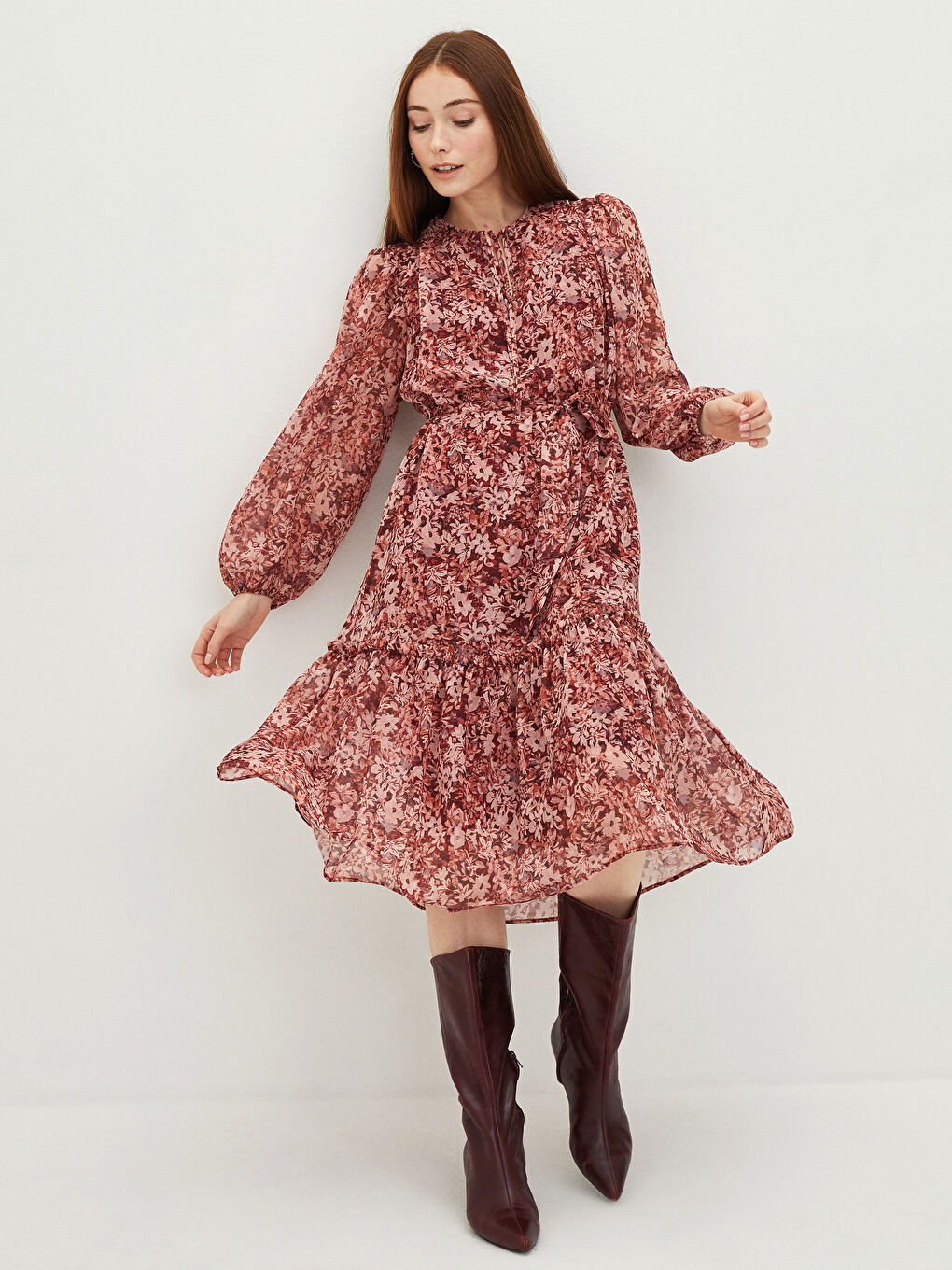 LCWAIKIKI Classic Tie Collar Floral Long Sleeve A-Line Chiffon Women's Dress -W1I442Z8-LTQ