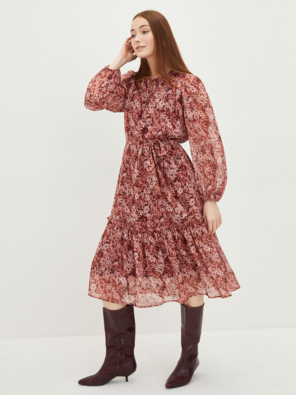 LCWAIKIKI Classic Tie Collar Floral Long Sleeve A-Line Chiffon Women's Dress -W1I442Z8-LTQ