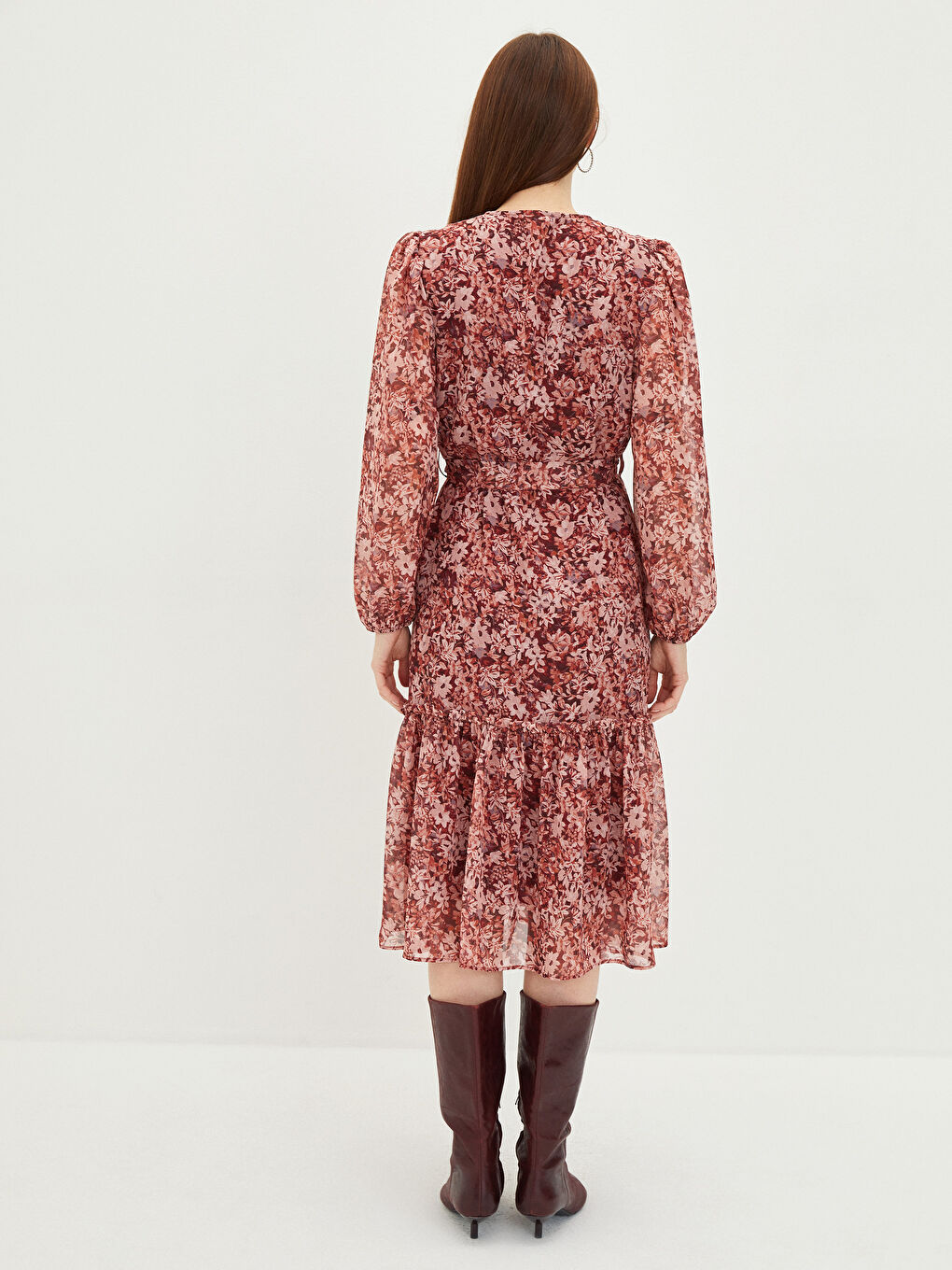 LCWAIKIKI Classic Tie Collar Floral Long Sleeve A-Line Chiffon Women's Dress -W1I442Z8-LTQ