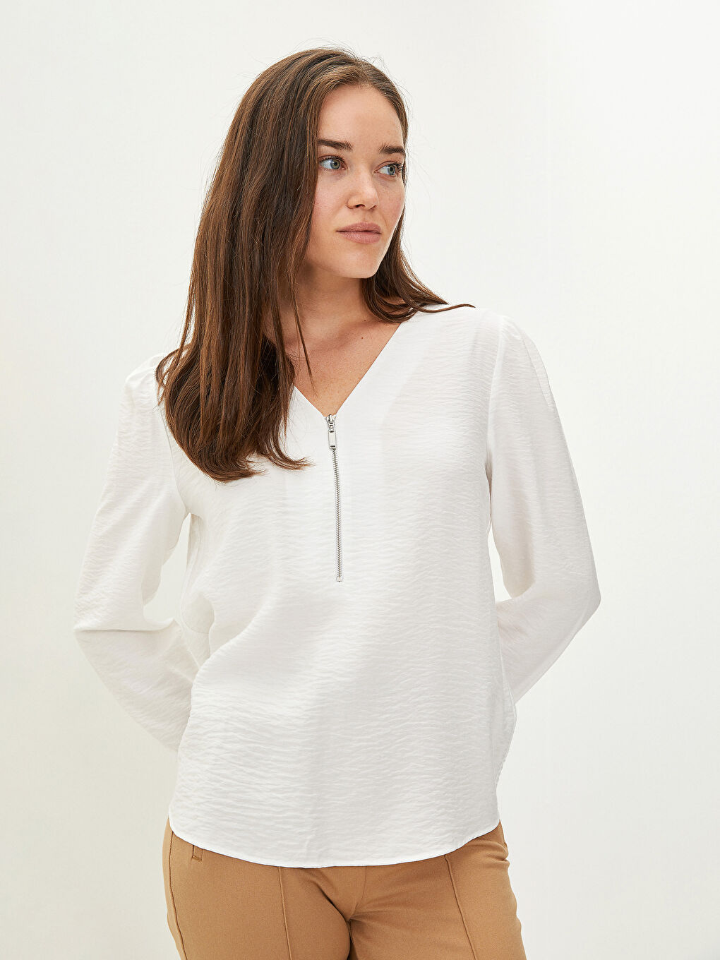 V-Neck Plain Long Sleeve Women's Blouse