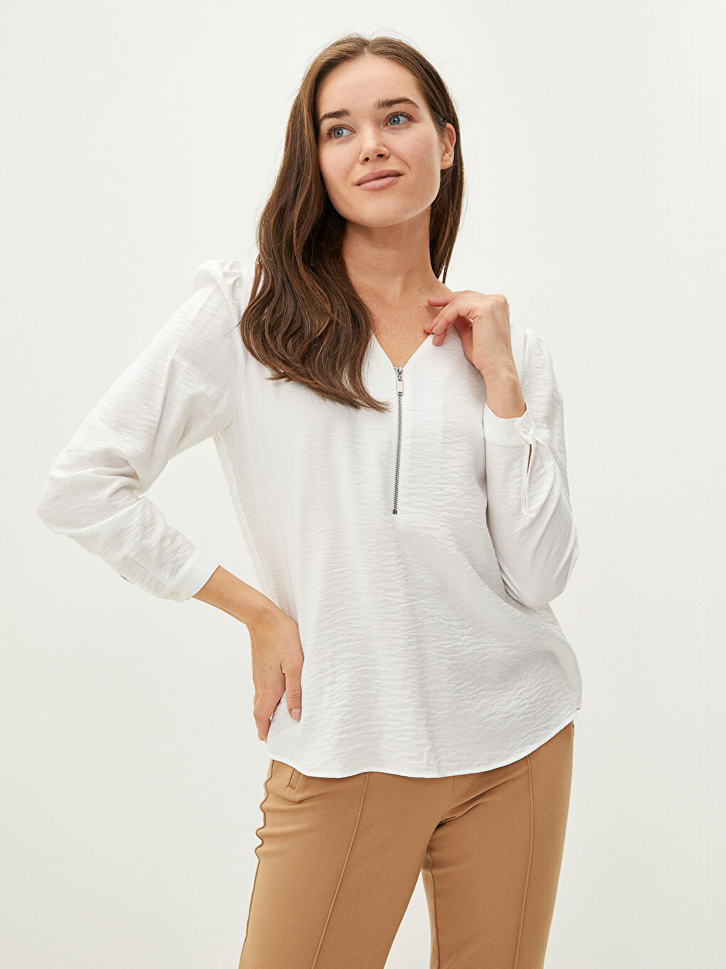 V-Neck Plain Long Sleeve Women's Blouse-1