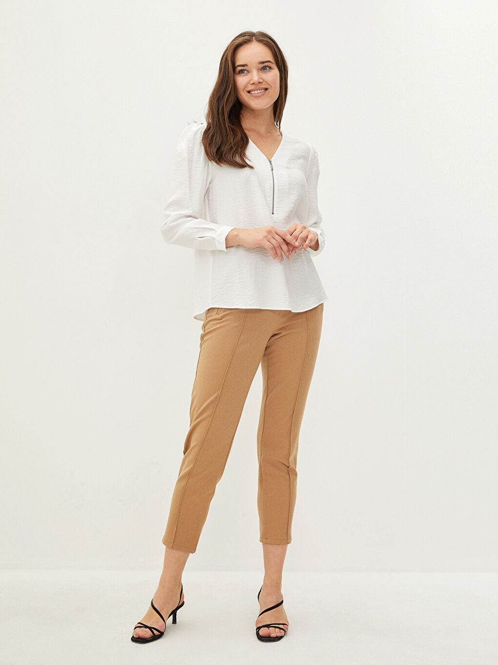 V-Neck Plain Long Sleeve Women's Blouse-3
