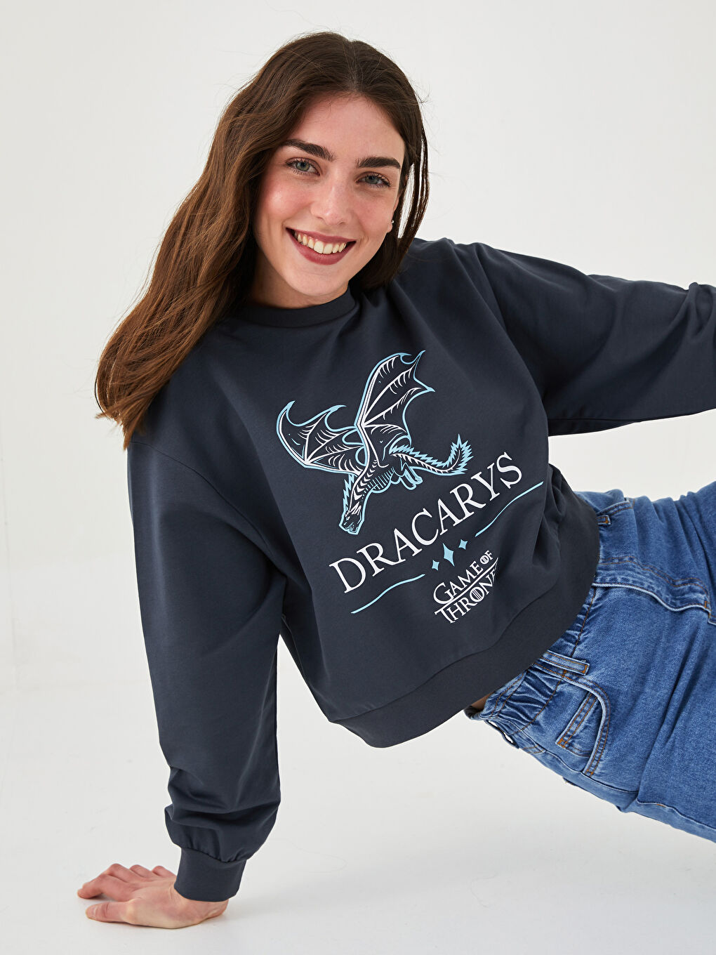 XSIDE Antrasit Bisiklet Yaka Game Of Thrones Baskılı Uzun Kollu Kadın Sweatshirt