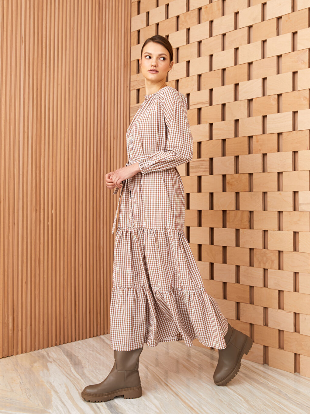 Kahverengi Bisiklet Yaka Ekose Uzun Kollu Oversize Poplin Kadın Elbise