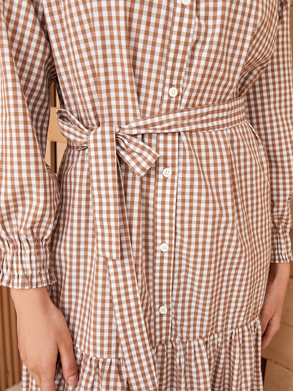 Kahverengi Bisiklet Yaka Ekose Uzun Kollu Oversize Poplin Kadın Elbise-3