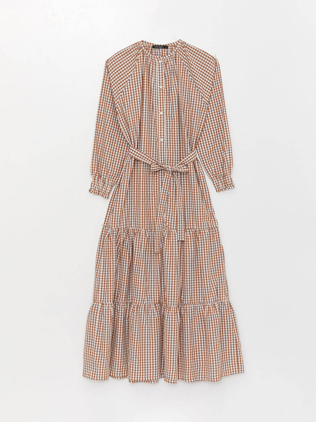 Kahverengi Bisiklet Yaka Ekose Uzun Kollu Oversize Poplin Kadın Elbise-5