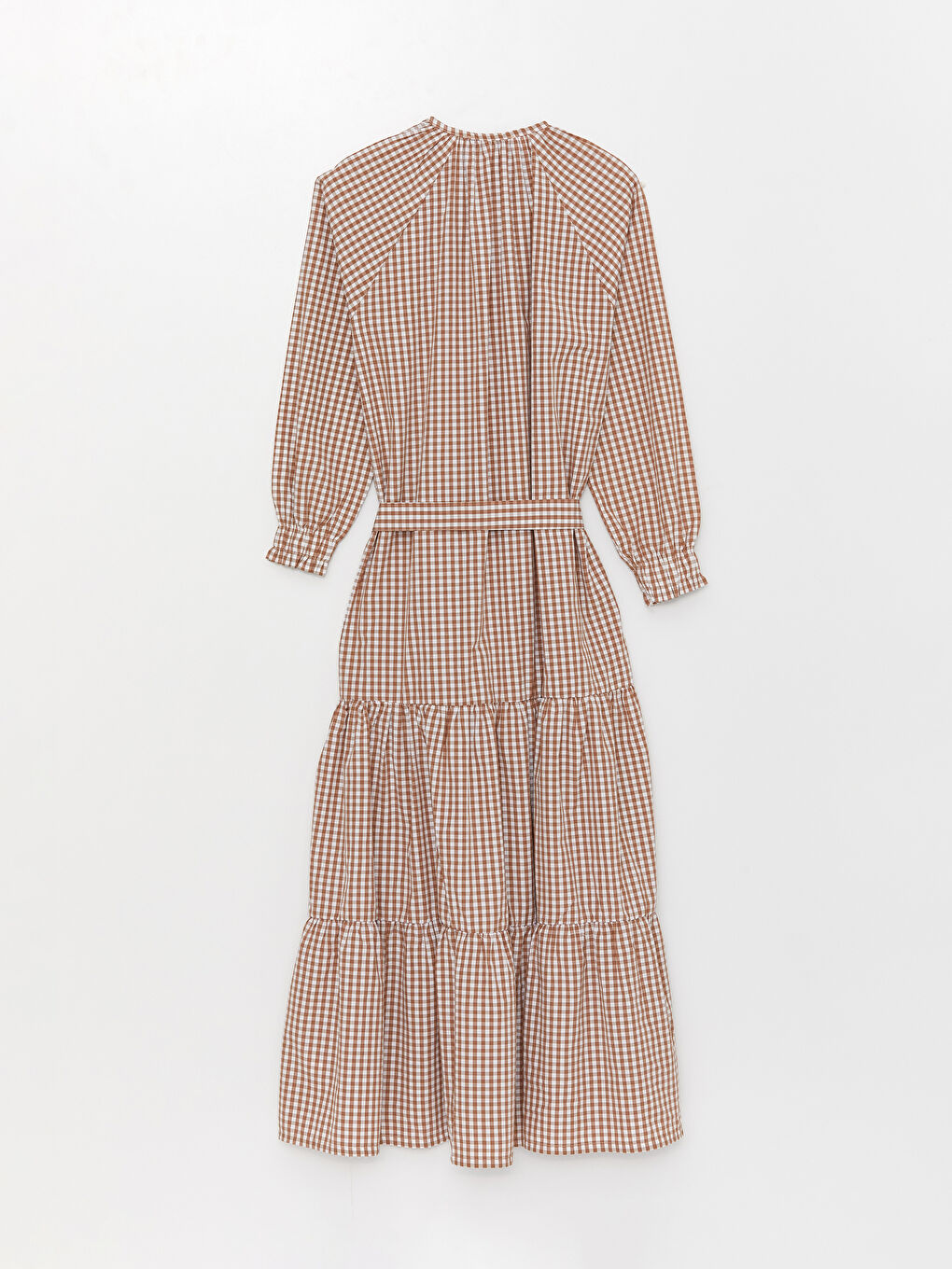 Kahverengi Bisiklet Yaka Ekose Uzun Kollu Oversize Poplin Kadın Elbise-6