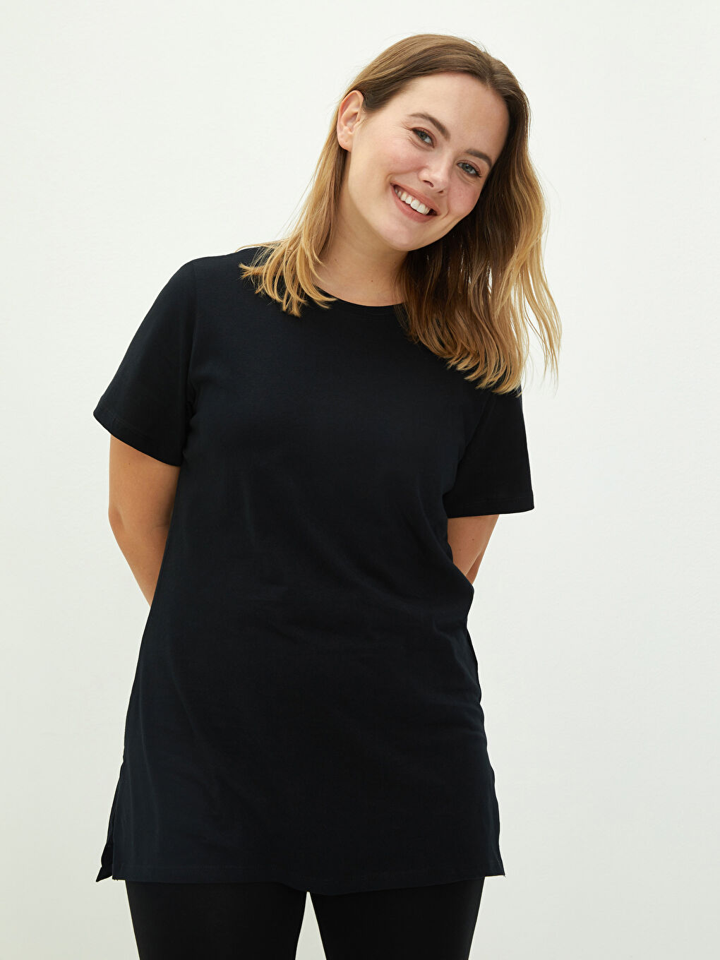 Тениска за жени с голям размер, кръгло деколте, права кройка, къс ръкав, памук-1