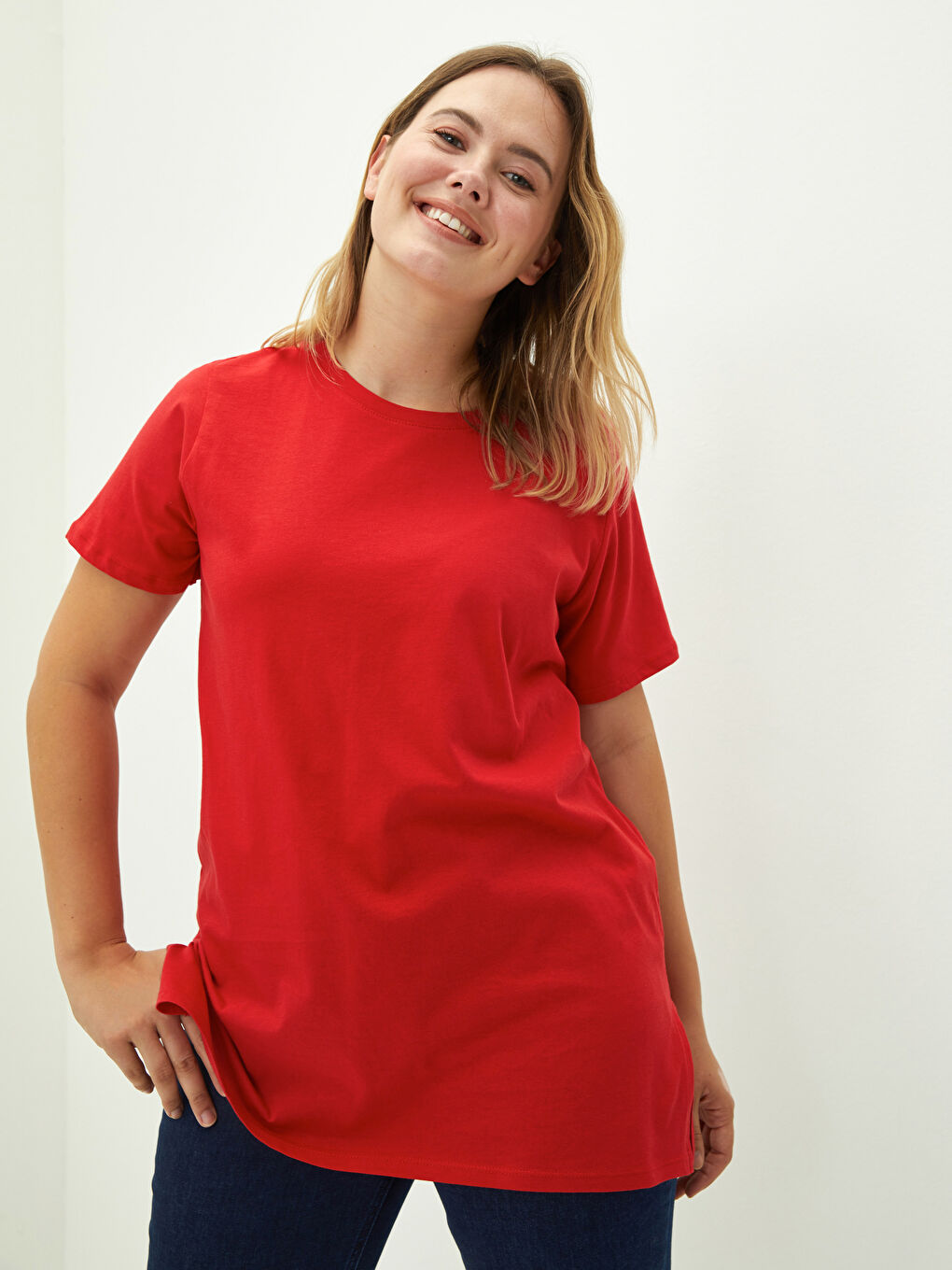 Tricou din Bumbac pentru Femei, Mărimi Mari, Guler Rotund, Croială Dreaptă, Mânecă Scurtă-1